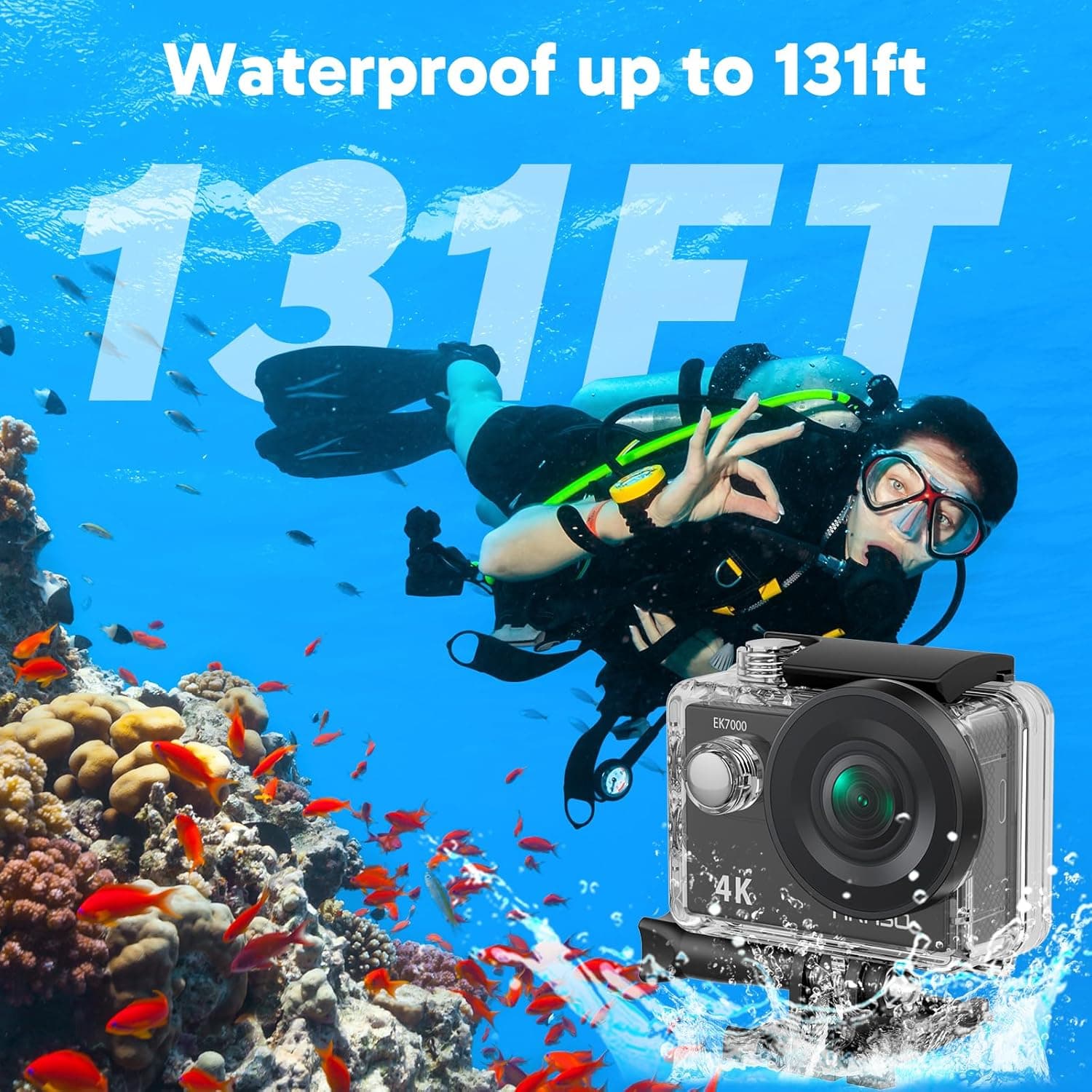 AKASO EK7000 4K30FPS 20MP WiFi Action Camera with EIS Ultra HD 131FT Waterproof Underwater Camera Remote Control 4X Zoom Support External Microphone Black - Image 6