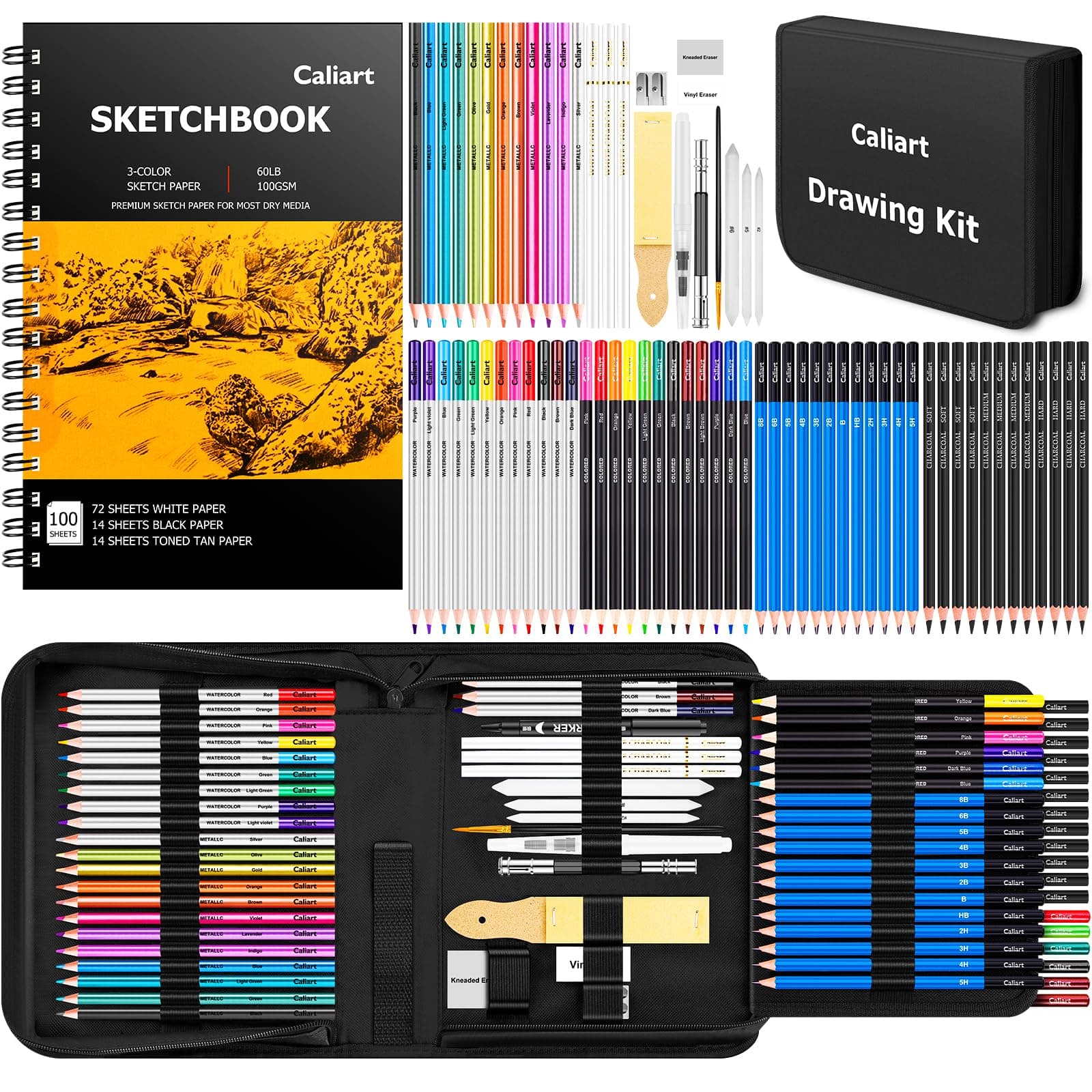 Caliart 176PCS Art Supplies Sketching Kit with 100 Sheets 3-Color Sketch Book, Graphite Colored Charcoal Watercolor & Metallic Pencils, Drawing Set Christmas Gifts for Adults Teens Girls Boys Kids Black