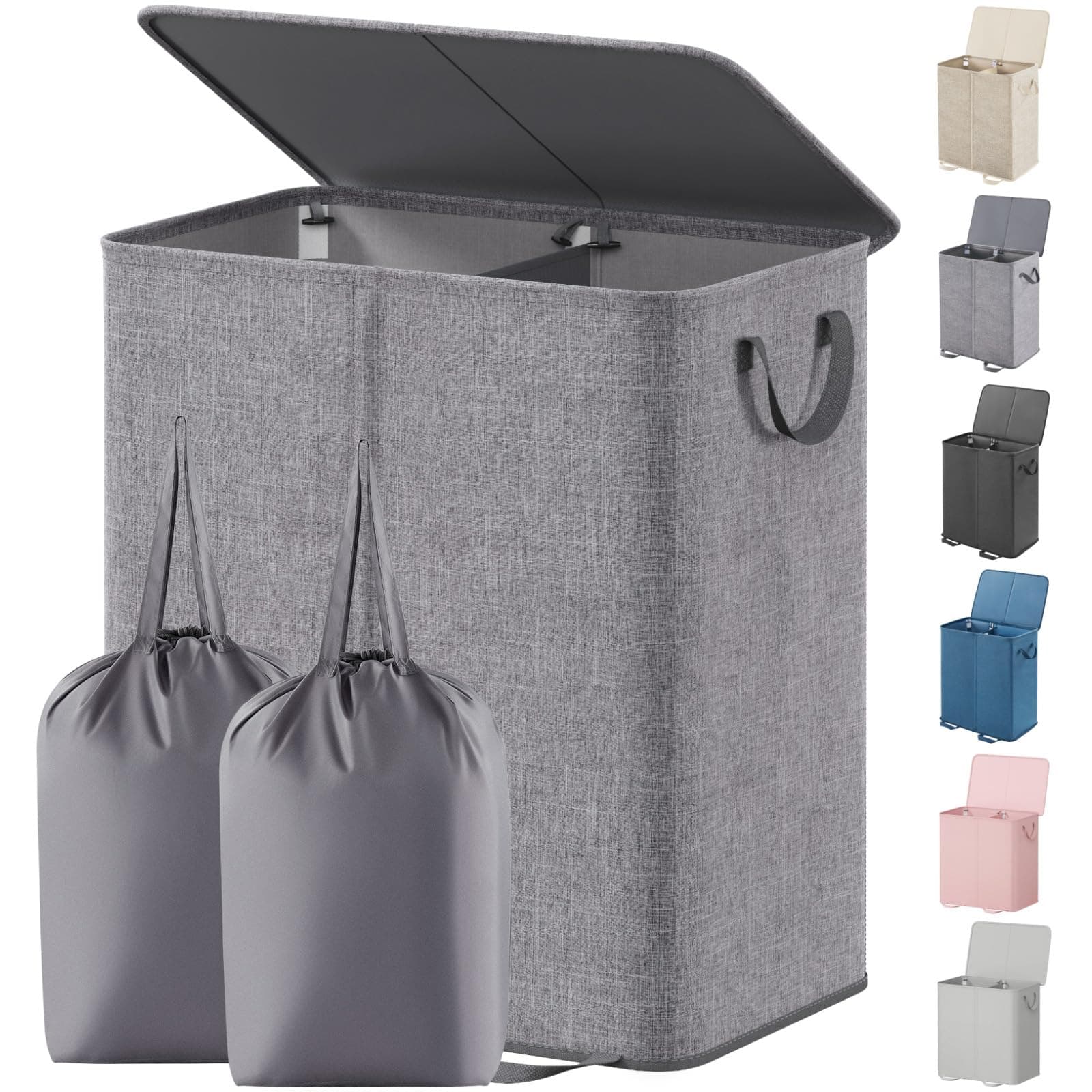 Lifewit Double Laundry Hamper with Lid and Removable Laundry Bags, Large Collapsible 2 Dividers Dirty Clothes Basket with Handles for Bedroom, Laundry Room, Closet, Bathroom, College, 136L Gray Gray 136L