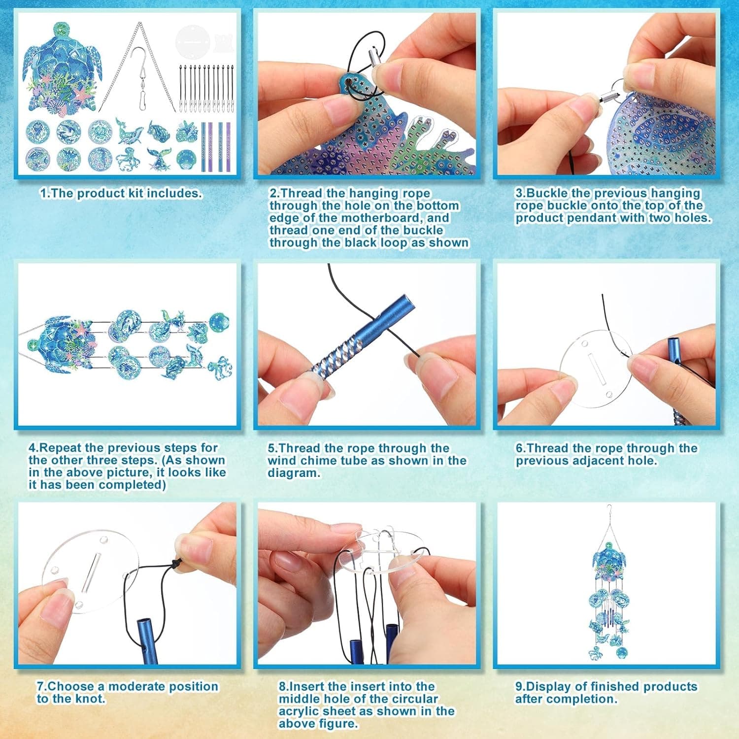 Beach Wind Chimes Diamond Art Wind Chimes Suncatchers Beach Diamond Art Kits with Crystal Pendant Hanging Ornament for Home Garden Patio Backyard Decor(Blue) - Image 5