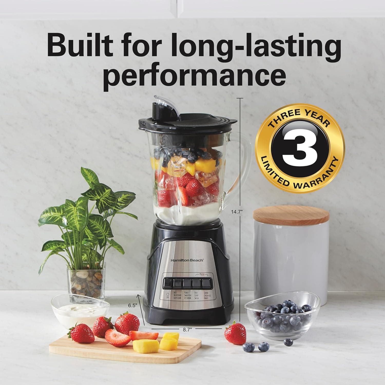 Hamilton Beach Power Elite Wave Action Blender For Smoothies, 40 Oz Glass Jar, 12 Functions Including Puree, Crush Ice, 700 Watts - Black (58148A) 40 oz Jar Black - Image 8