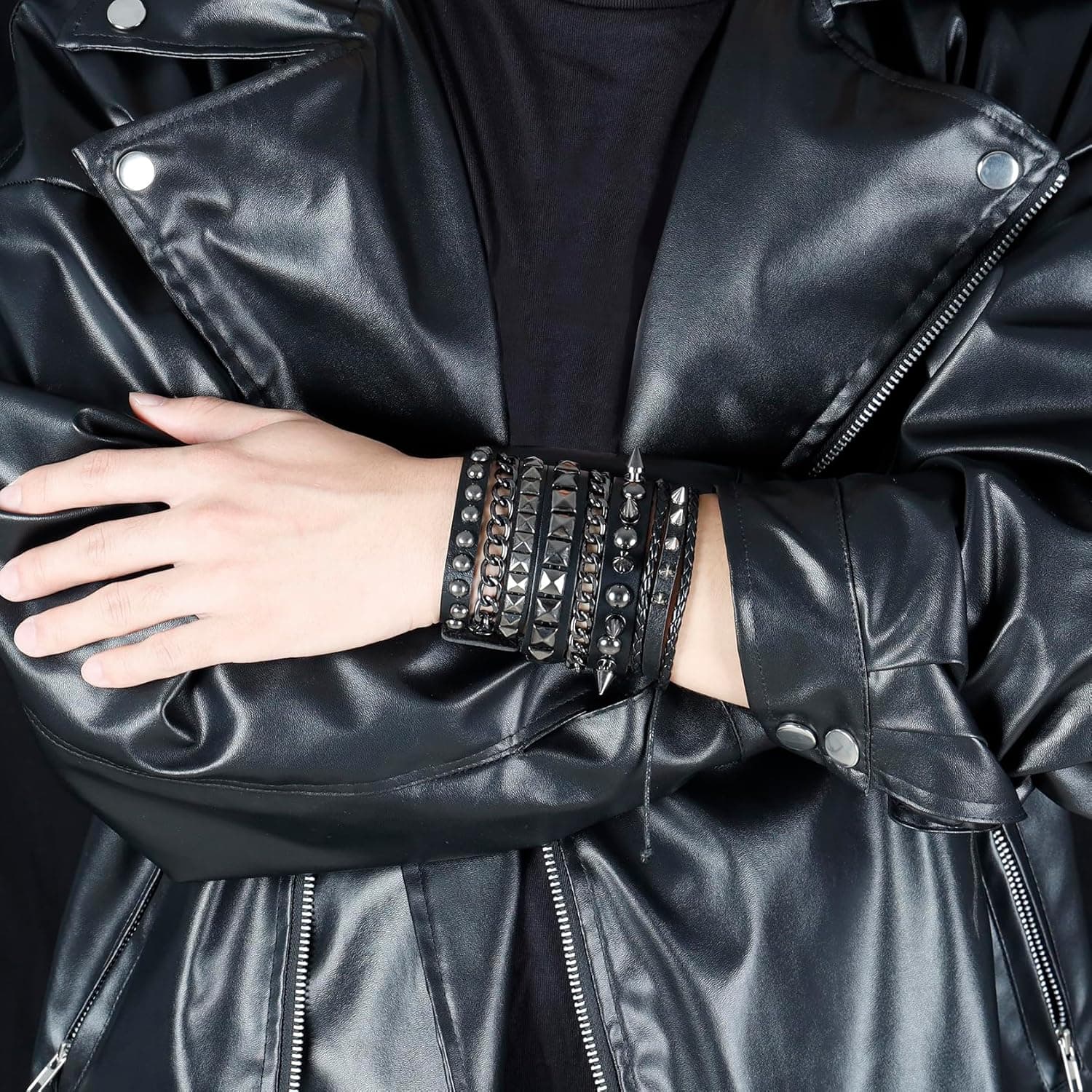 Eigso Leather Punk Rock Cuff Bracelets for Men Women Retro Vintage Chain 80s Wristband Set for Man Woman 3Pcs-C - Image 6