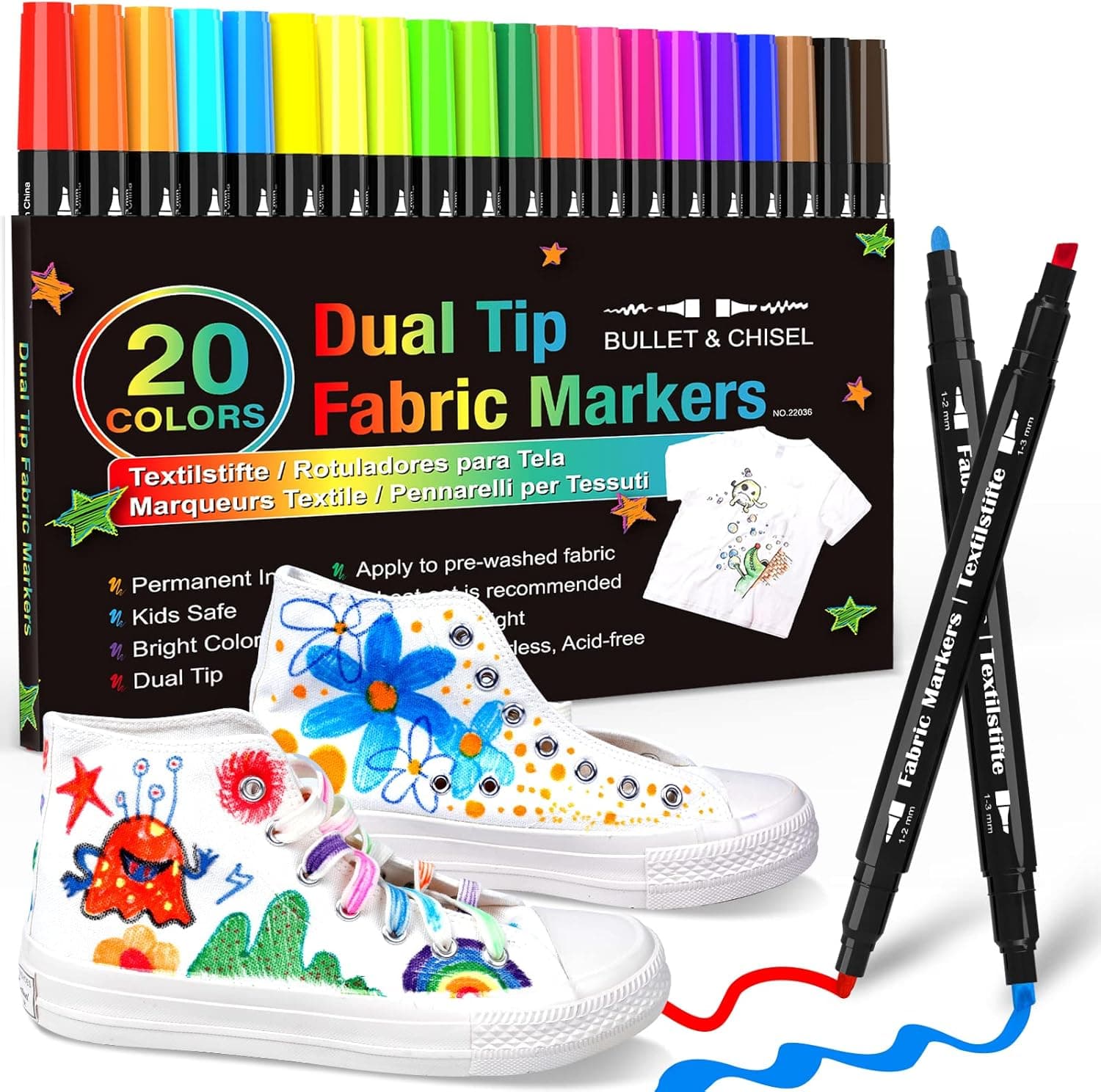 KERIFI Dual Tip Fabric Markers Permanent for Clothes, 20 Colors Fabric Decorating Paint Pens for Kids, T-Shirt Shoe Markers for Sneakers Clothing Canvas Textile Bibs Coloring Book (Chisel & Fine Tip) - Image 2