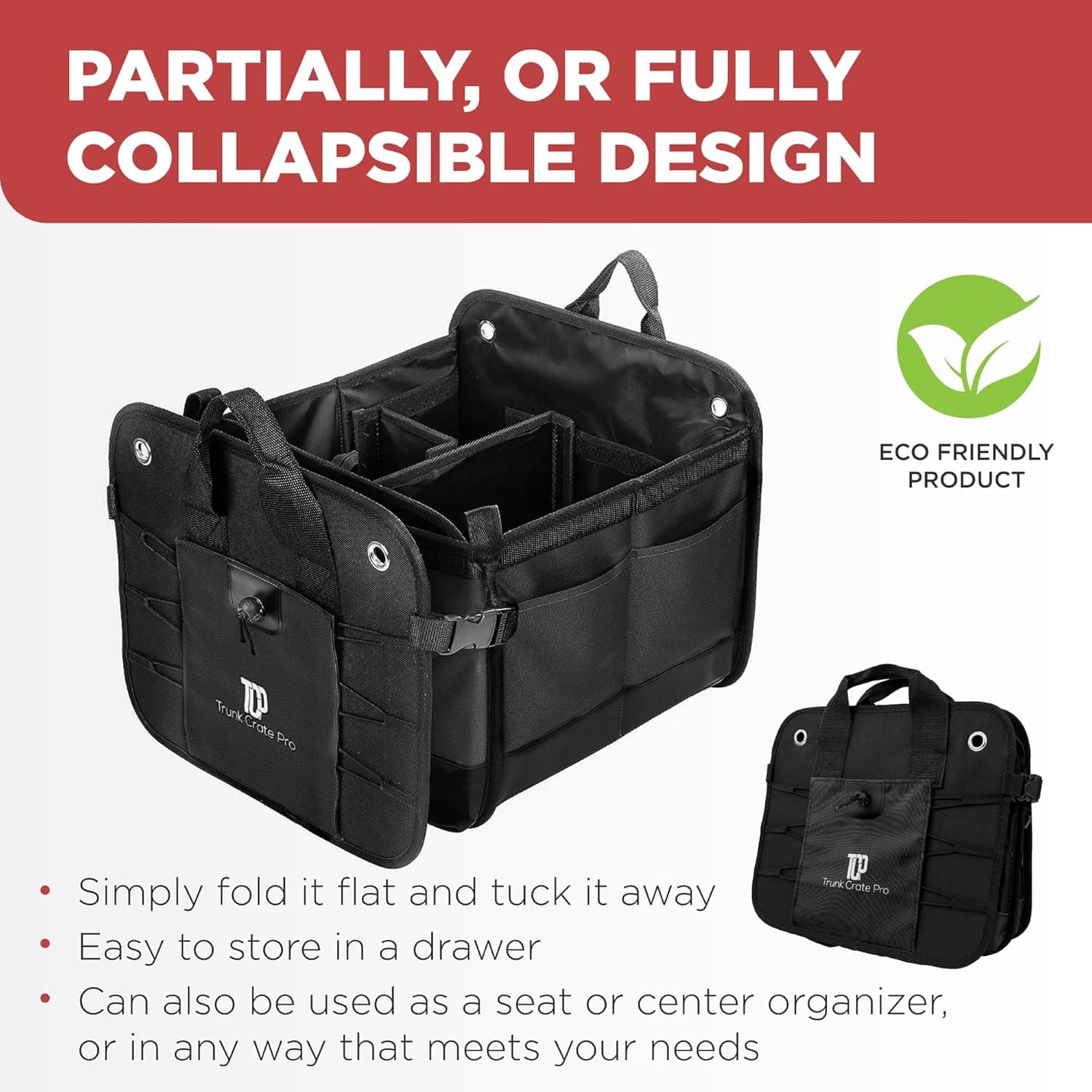TRUNKCRATEPRO Organizador de Maletero para Auto, SUV, Camión | Organizador de Maletero de Auto Premium Ajustable con Múltiples Compartimentos, P straps de Sujeción y Fondo Antideslizante (Tamaño Grande, Negro) Grande Negro - Image 5
