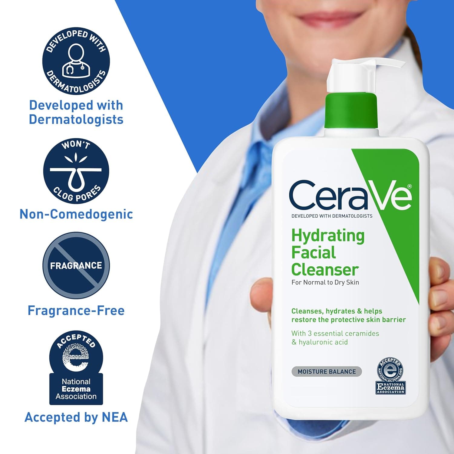CeraVe Hydrating Facial Cleanser, Moisturizing Face Wash For Dry Skin, Hyaluronic Acid + Ceramides + Glycerin, Hydrating Cleanser For Normal To Dry Skin, National Eczema Association Certified 16 Fl Oz (Bottle) - Image 5