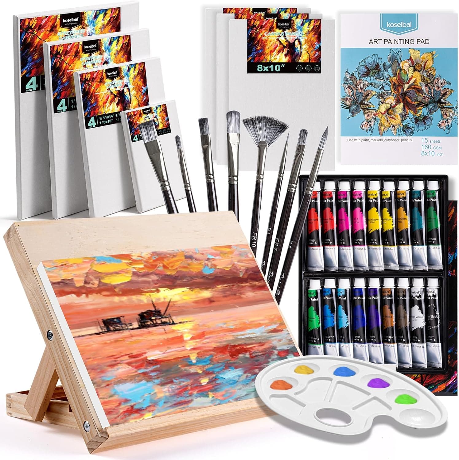 koseibal Acrylic Art Set with 18 Acrylic Paints, 8 Brushes, 4 Stretched Canvas, 1Wooden Easel, Etc, Premium Painting Supplies Kit for Students, Artists Kids, Adults, and Beginner 18colors+36pcs - Image 2