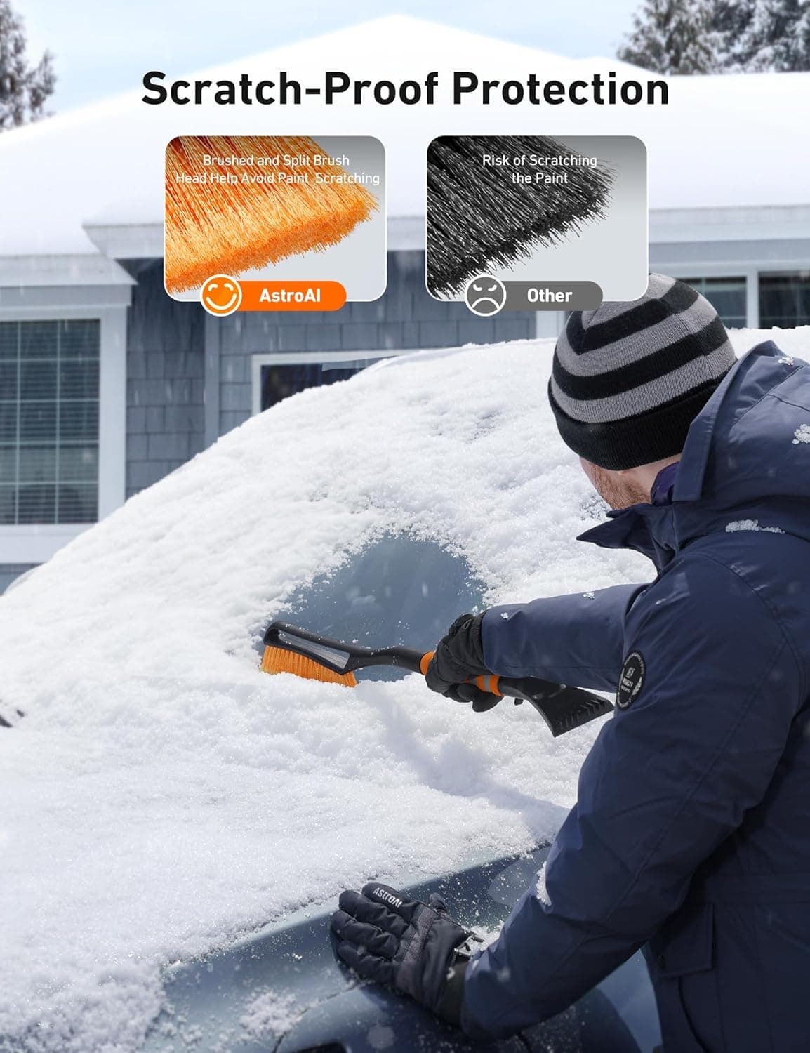 AstroAI 2 Pack 27" Snow Brush and Ice Scrapers for Car Windshield, Detachable Snow Scrapers with Ergonomic Foam Grip for Cars, Trucks, SUVs (Heavy Duty ABS, PVC Brush, Orange) - Image 4