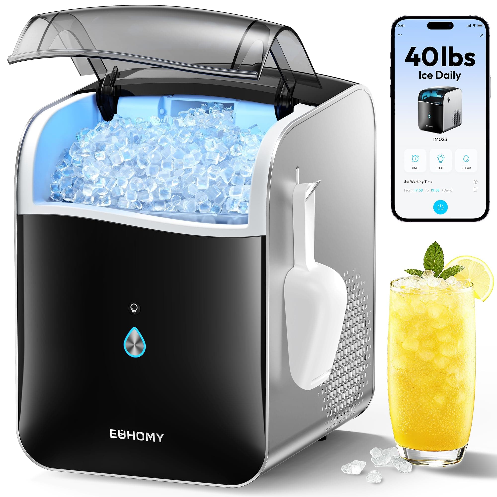 EUHOMY Smart Nugget Ice Maker Countertop, Pebble Ice Maker Machine with APP Control, 40lbs/24H, Ready in 7 Mins, Self-Cleaning, Portable Sonic Ice Makers with Hanging Ice Scoop for Home/Kitchen/Office Black 40 lbs/Day