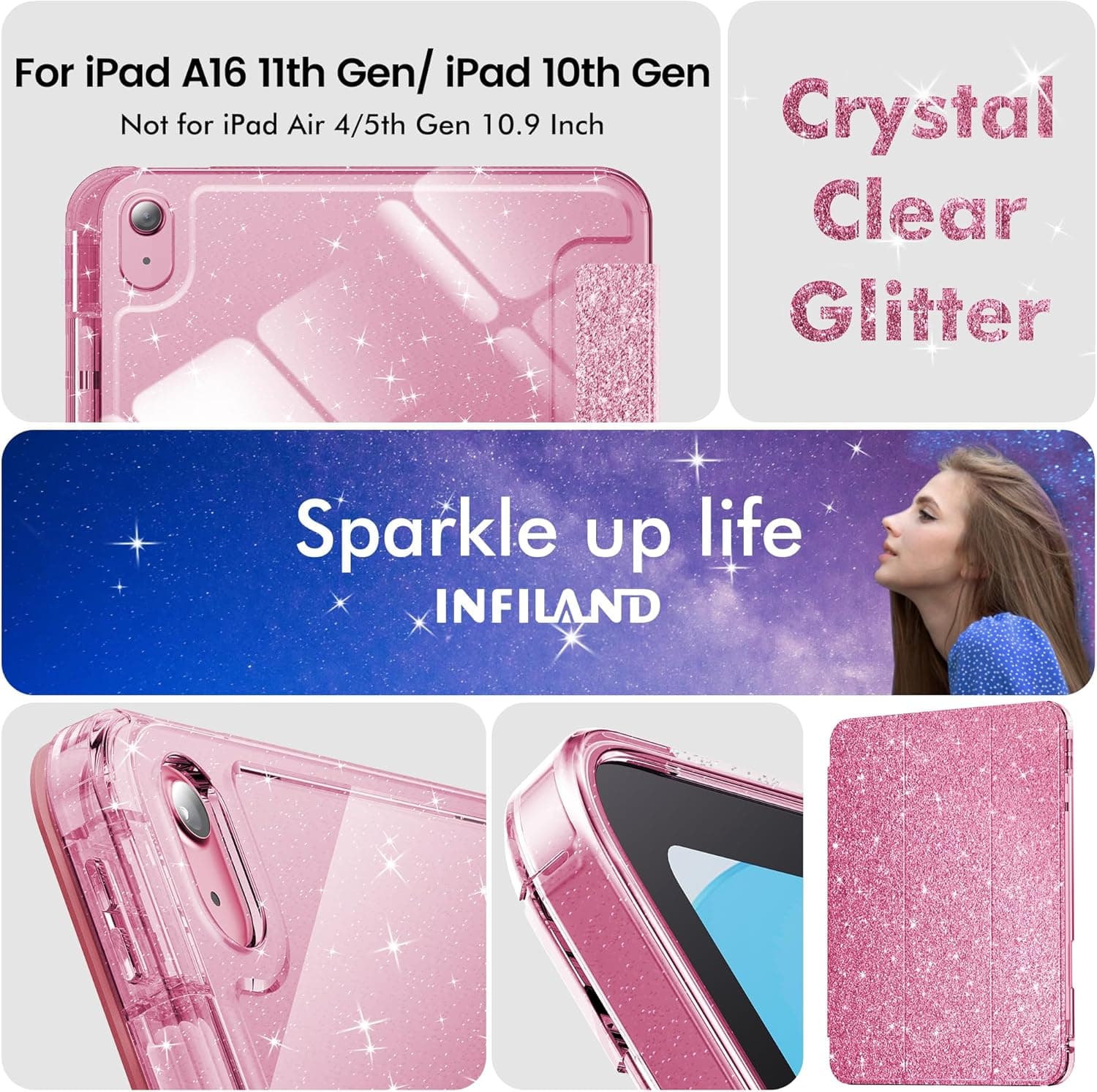 INFILAND Compatible sa iPad A16 11th Generation 11 Inch 2025 Case, iPad Case 10th Generation 10.9 Inch, Glitter Cover na may Sparkly Clear Back, Pencil Holder, para sa Mga Bata na Babae (Rose Pink) - Image 9