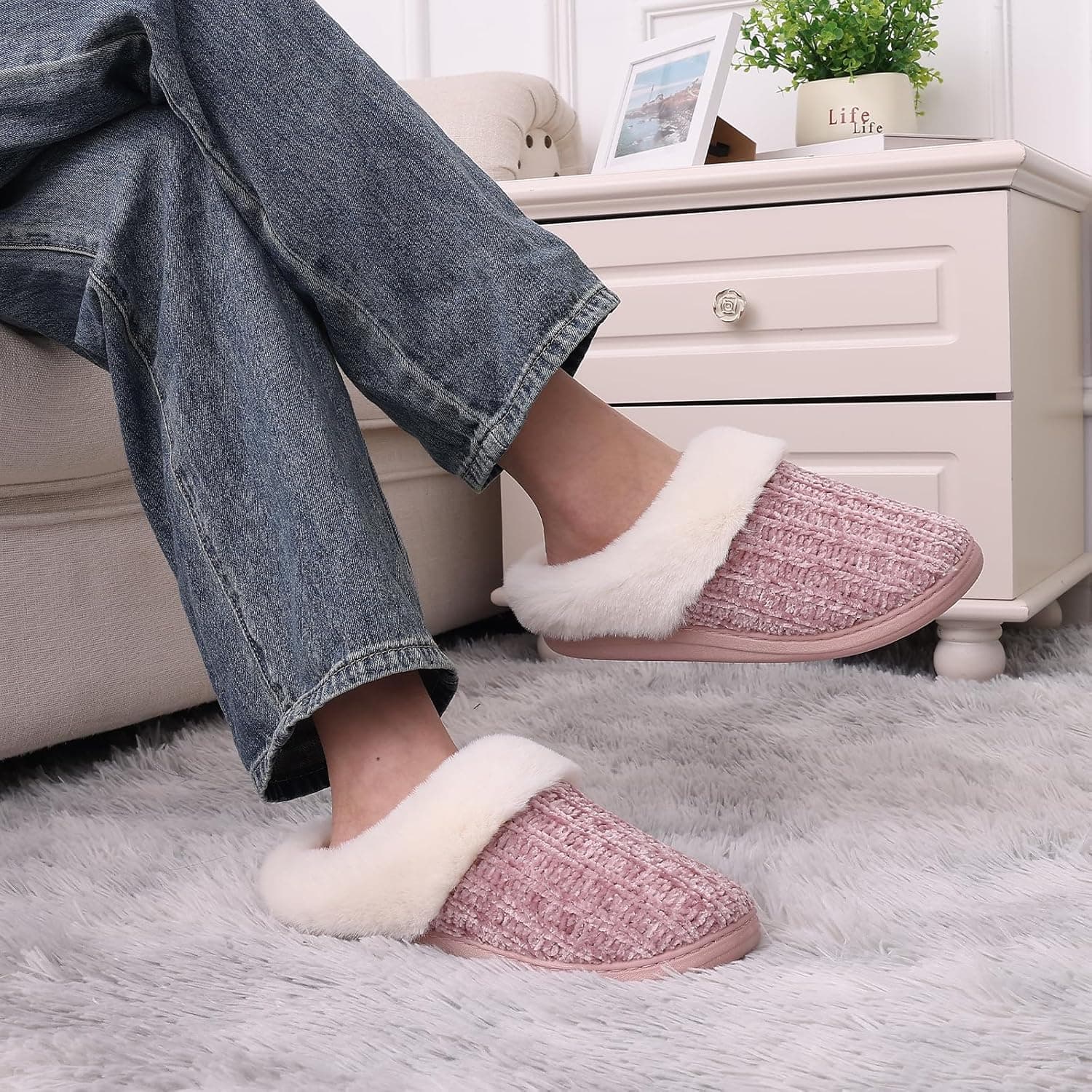 Evshine Warm Knit House Slippers for Women Comfy Wool-Like Lined Chenille Slippers with Memory Foam and Indoor Outdoor Soles 8-9 Pink - Image 7