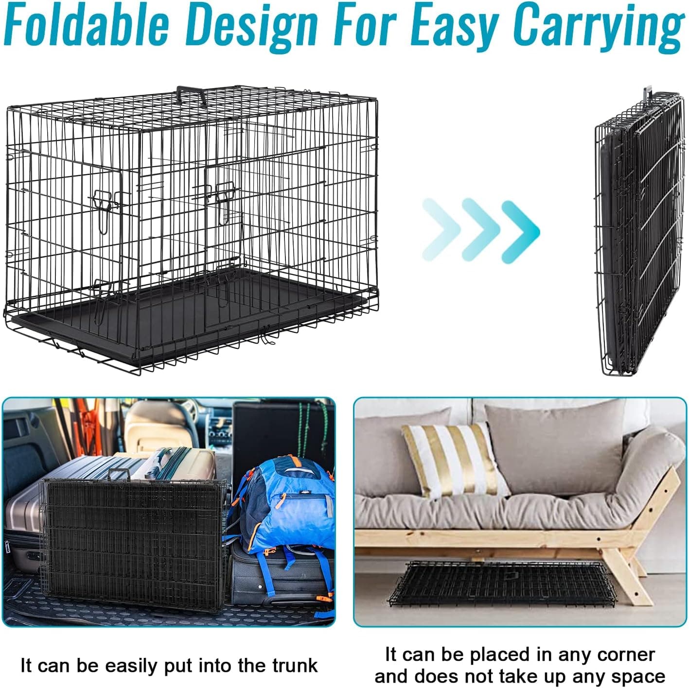 FDW Dog Crate for Small Dogs 24 Inch Folding Metal WirePet Cage Double Door W/Divider Panel Indoor Outdoor Kennel Leak-Proof Plastic Tray,Black Black 24 Inch Double Door - Image 5