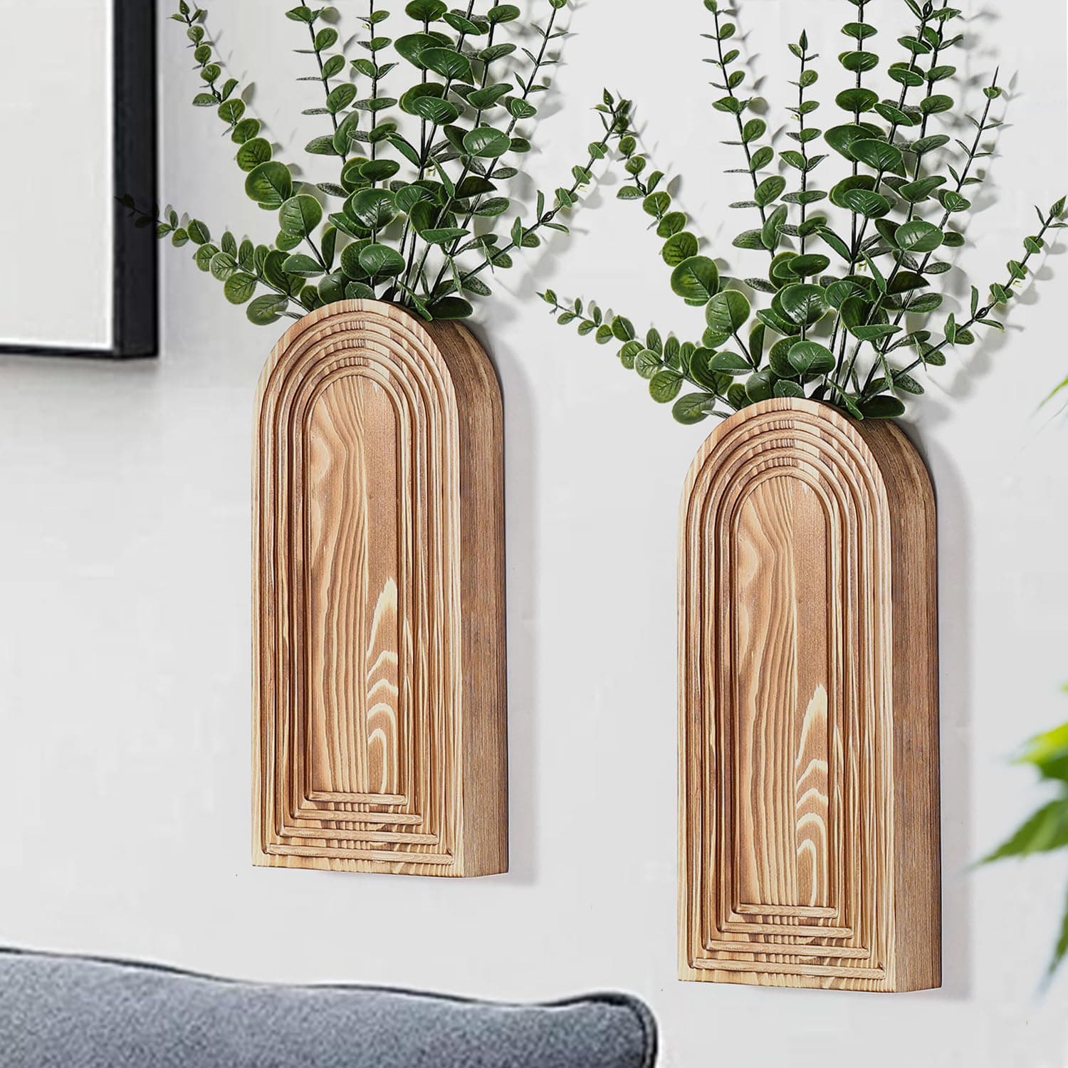 2 Pack Wooden Wall Vase Set - Brown Finish Modern Farmhouse & Boho Wall Decor para sa Entryway, Hallway, Bathroom, Living Room, Dining Room, Narrow Spaces