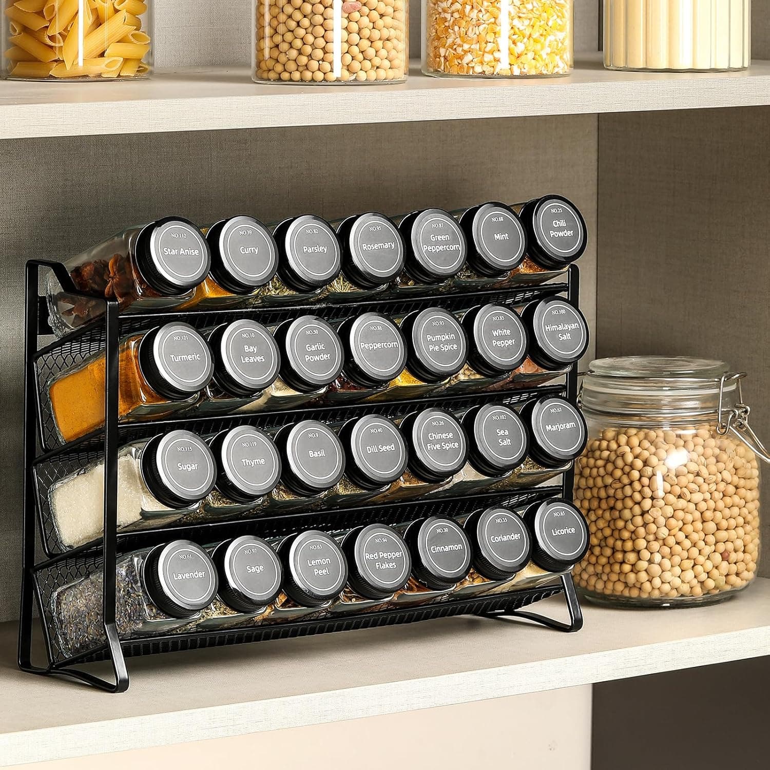 AOZITA Spice Rack Organizer for Cabinet, Spice Organizer with 28 Empty Spice Jars with Black Lids, Funnel, Spice Labels, Seasoning Organizer for Countertop, Cabinet, Kitchen, Pantry, Cupboard - Image 7