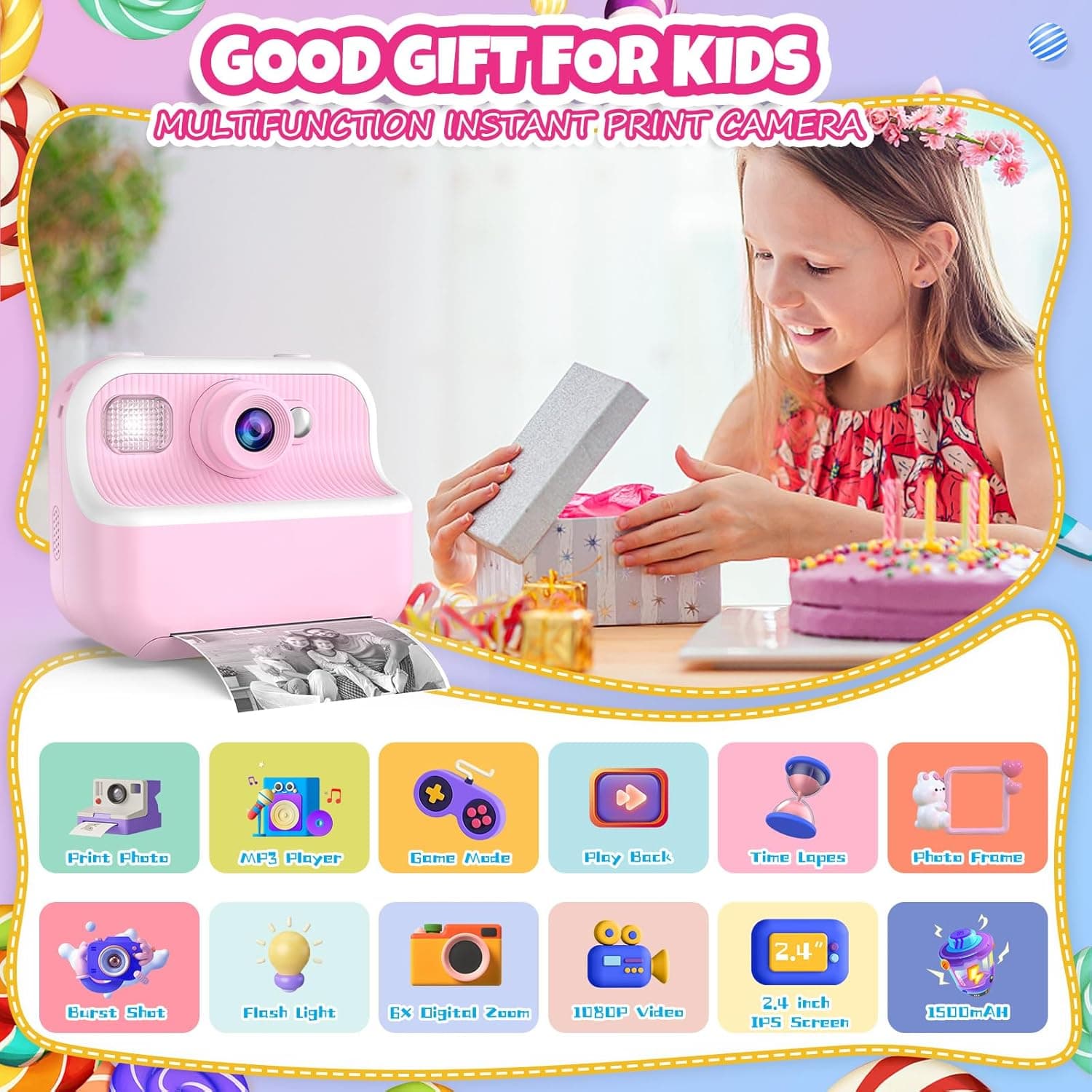 Kids Camera Instant Print,1080P HD Dual Lens Selfie Camera Toys for Girls & Boys Ages 3-12, Instant Photo Printing with 3 Rolls of Paper & 32GB Card, Christmas Birthday Gift for Toddlers (Pink) - Image 3