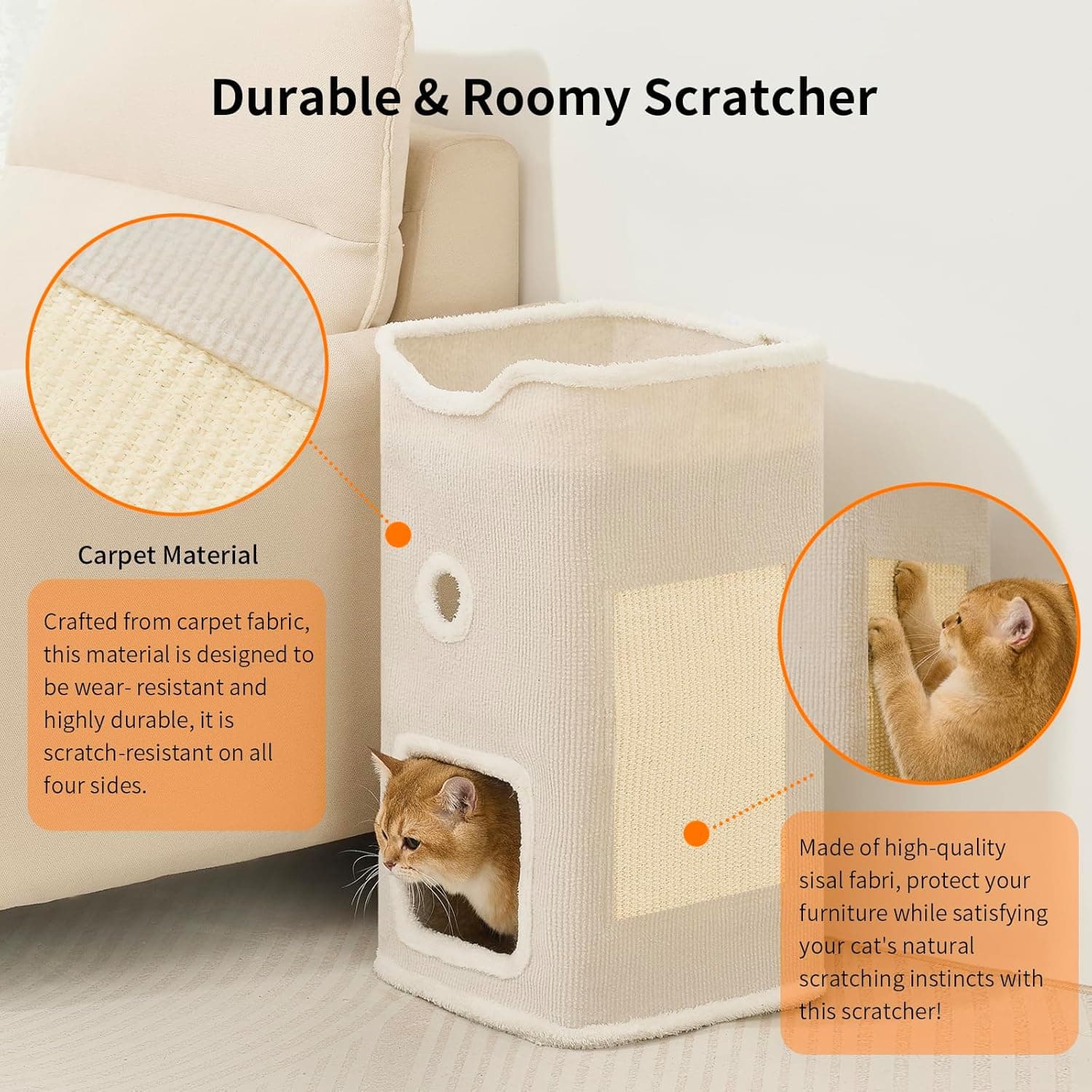 Cat Beds for Indoor Cats, Cat House 2-Story, Cat Condo with Stable Frame and Large Scratch Pad, 24'' Durable Cat Cube Playhouse with Dangling Balls, Perfect for Multiple Pets White 2-Tier Regular - Image 4