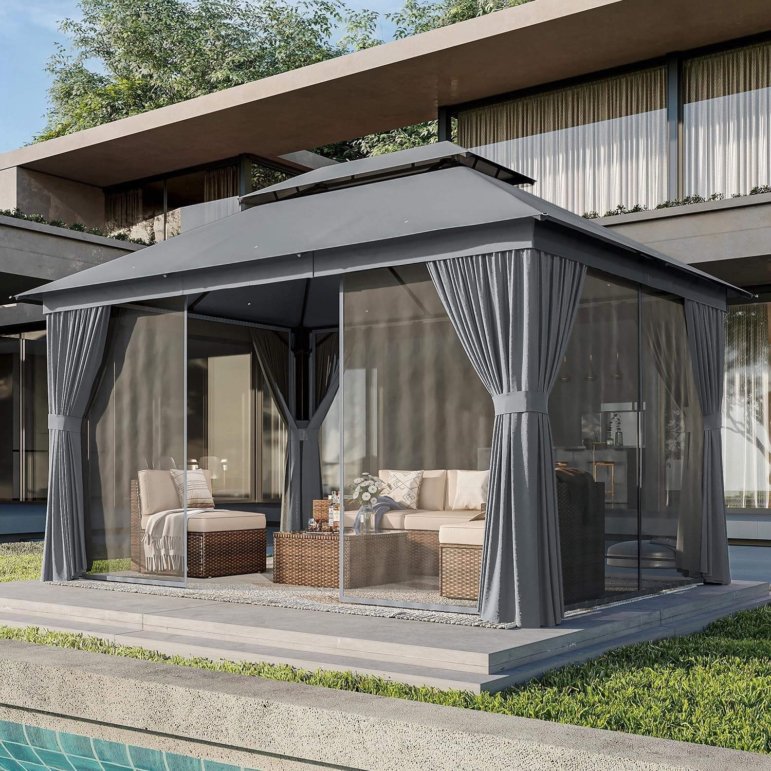 AOXUN Outdoor Gazebo for Patio 10x12, Metal Frame Canopy with Double Roofs, Heavy Duty Party Tent and Shelter with Mosquito Netting and Privacy Screen for Backyard, Lawn, Garden, Deck 10 X 12 Gray - Image 2