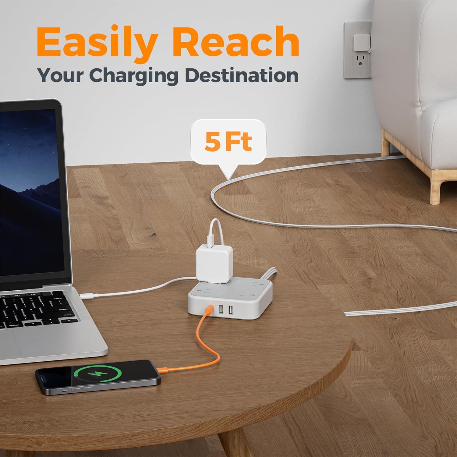 TESSAN Surge Protector Flat Extension Cord 5Ft, Flat Plug Power Strip with 4 Outlets 3 USB Ports (1 USB C), 900 Joules Protection, Multiple Wall Outlet Extender Suitable for Home Office Dorm, Grey Grey & Surge Protector 5 FT - Image 6
