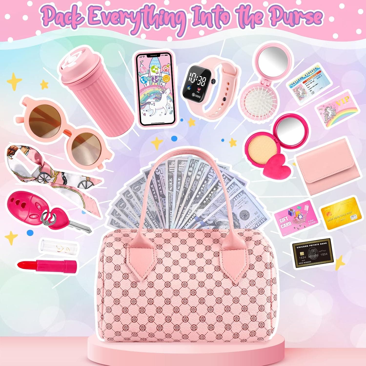 Play Purse for Little Girls, 32PCS Toddler Purse with Pretend Makeup for Kids, Princess Toys Includes Handbag, Phone, Wristwatch, Silk Scarf Kids Toy Purse Birthday Gift for Girls 3 4 5 6 + - Image 7