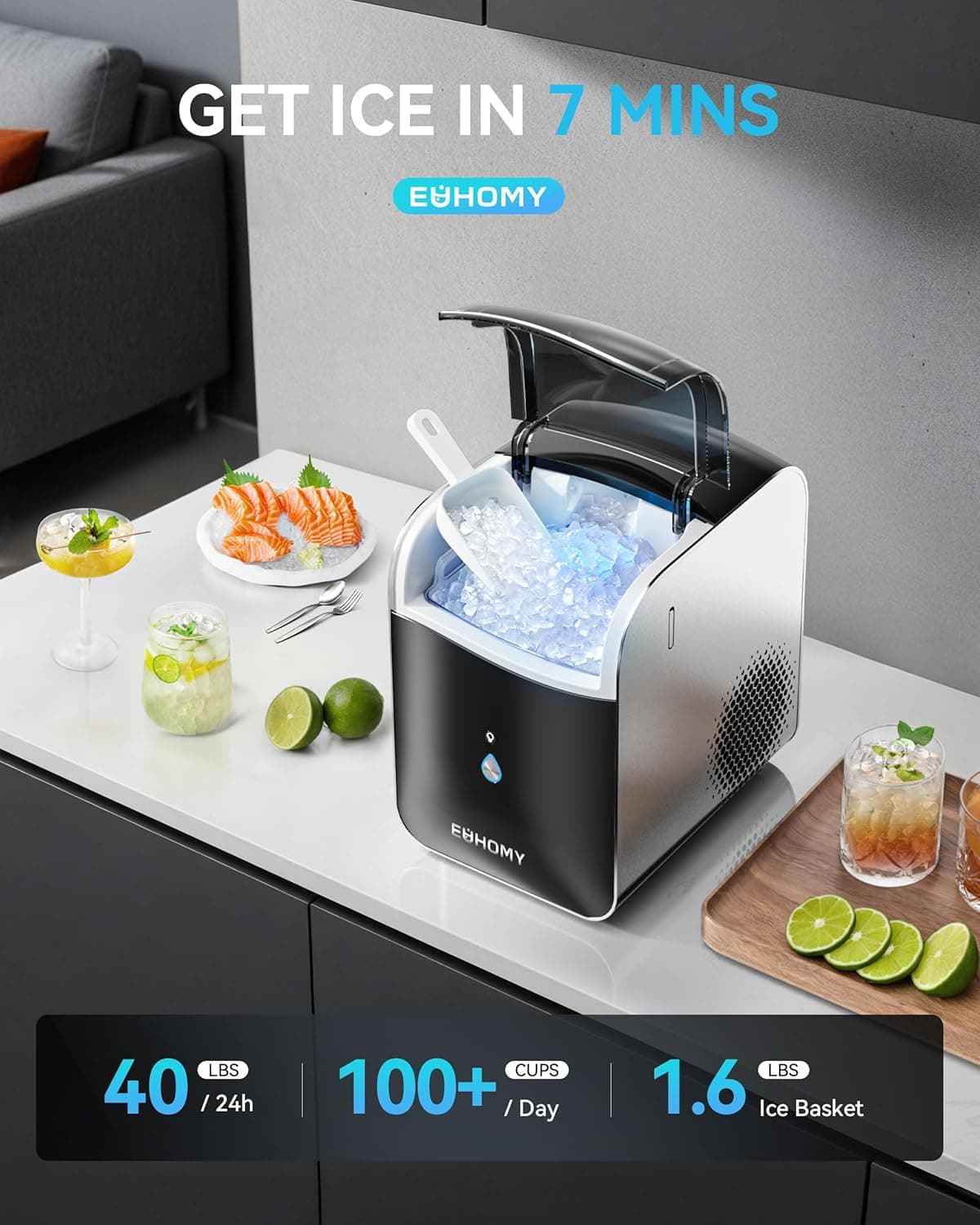 EUHOMY Smart Nugget Ice Maker Countertop, Pebble Ice Maker Machine with APP Control, 40lbs/24H, Ready in 7 Mins, Self-Cleaning, Portable Sonic Ice Makers with Hanging Ice Scoop for Home/Kitchen/Office Black 40 lbs/Day - Image 3