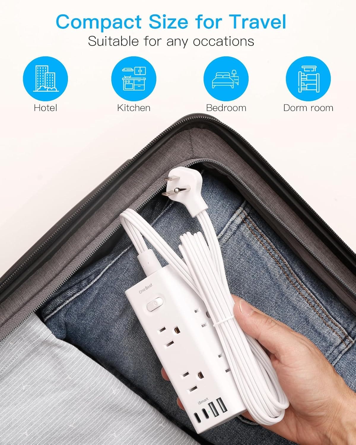One Beat 10Ft Extension Cord with Multiple Outlets,Flat Plug Power Strip Surge Protector with 10 Ft Long Cord,6 Outlet 4 USB Ports (2USB C),Multi Outlet Wall Plug for Travel,College,Dorm Essentials White 10FT - Image 8