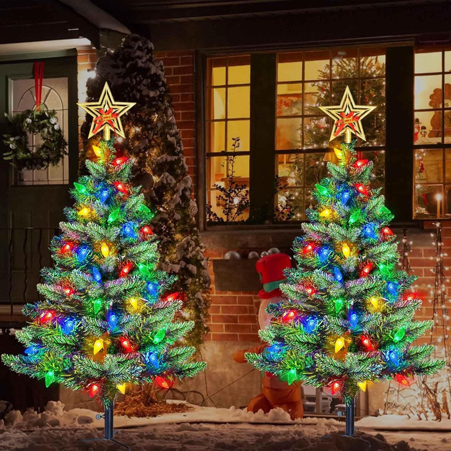 Upgraded Set of 2 Solar Christmas Tree, Outdoor Christmas Decorations,Prelit Xmas Tree w/ 100 LED Multi-color C6 String Lights for Outsdie Holiday Display Yard Front Porch Pathway Grave Cemetery Decor - Image 2