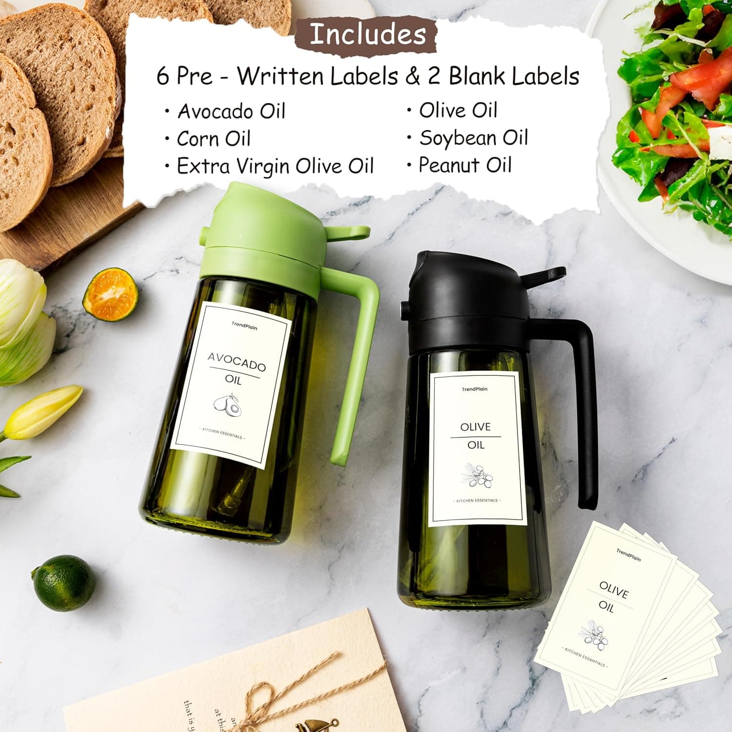 TrendPlain - Original 16oz/470ml Olive Oil Dispenser Bottle for Kitchen Gadgets and Air Fryer Accessories - Olive Oil Sprayer for Cooking w/Stickers - Black 1 Pack Black - Image 6