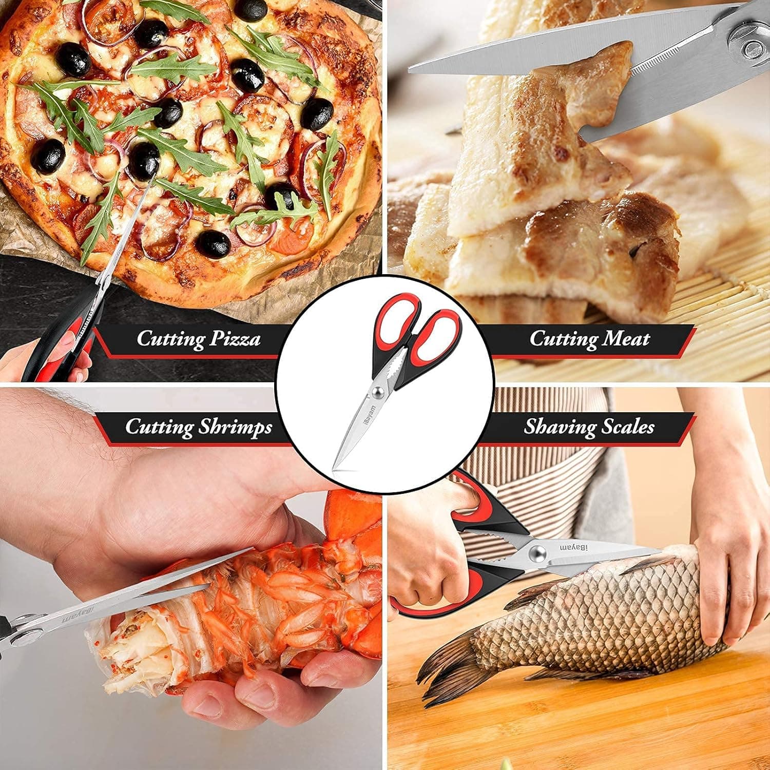 iBayam Kitchen Scissors All Purpose Heavy Duty, Kitchen Utensils Set, Stainless Steel Cooking Utensils Gadgets, Meat Poultry Food Shears Dishwasher Safe Utility Tools Home Gift, with Protective Sheath Black Red, Black Gray 2-Pack - Image 9