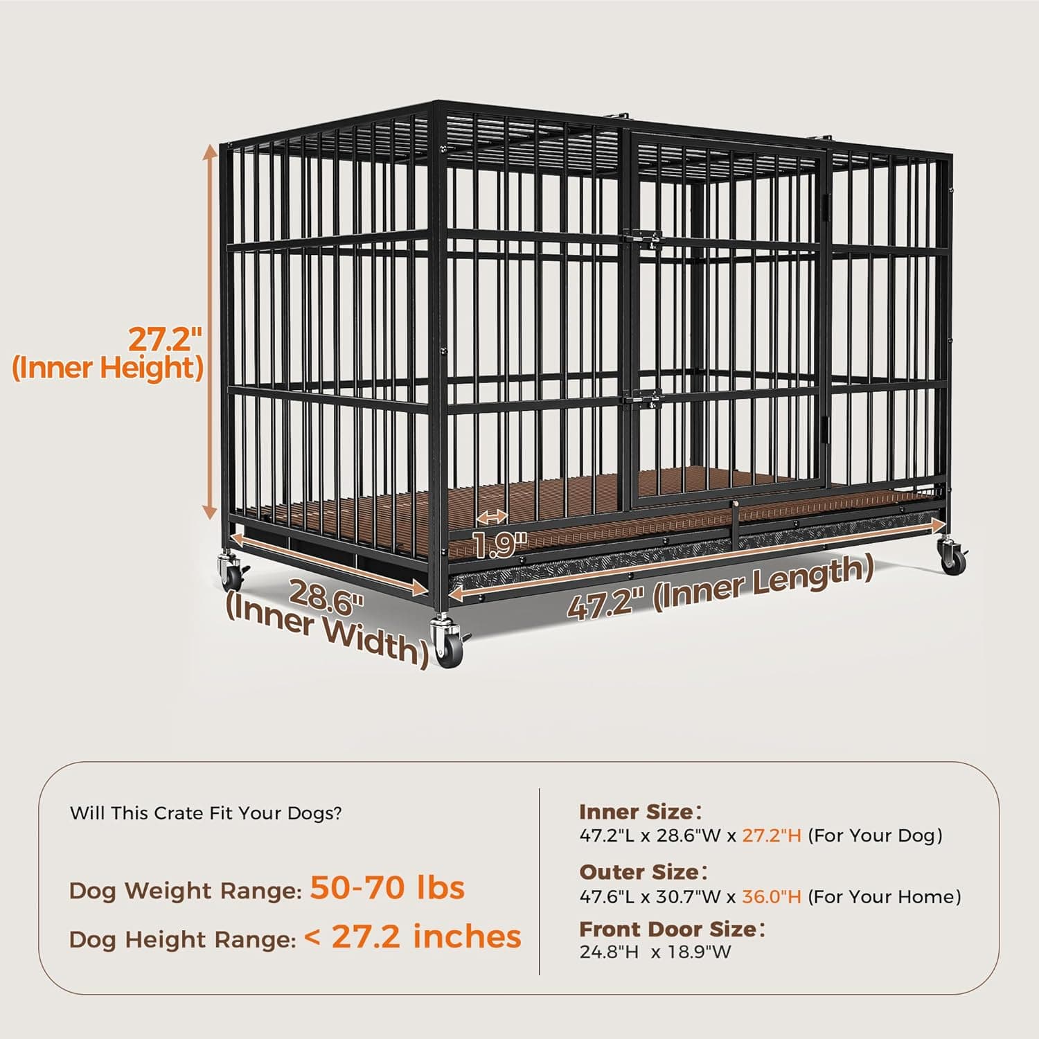 48"/38" Dog Crates for Large Dogs, Upgraded 4 Lockable Wheels, Removable Door, Dog Kennel Indoor, Max Load 300Lbs, Easy to Clean, Removable Tray, XL Dog Cage for Large and Medium Dogs 48 Inch - Image 7
