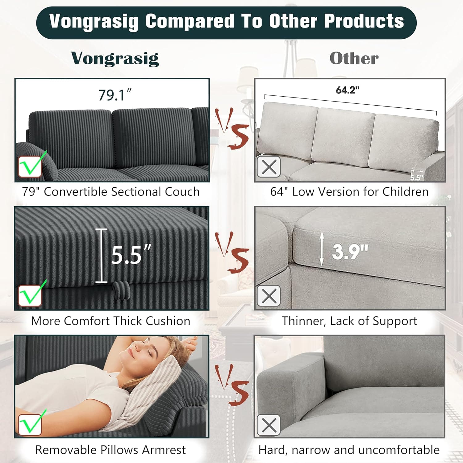 Vongrasig 79" Convertible Sectional Couches Sofa with Storage Ottoman, 3 Seat L Shaped Couch with Side Storage Pockage, Linen Fabric Small Couches for Living Room, Apartment and Small Space, Grey - Image 7