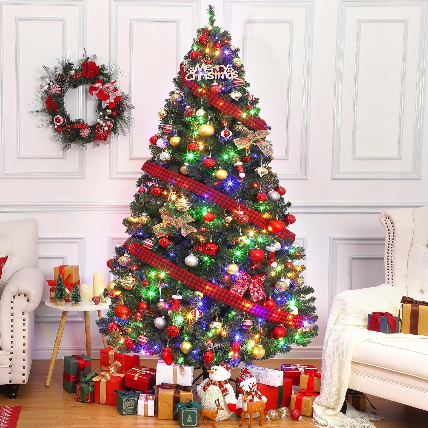 7.5ft Prelit Christmas Tree - Fluffy Fraser Fir with 600 Multicolor Lights & 9 Modes, Hinged Branches & 1300 Tips, Artificial Christmas Tree Includes Stand with Foot Switch for Holiday Home Decor Forest Green With Multicolor Light 7ft 6in - Image 10
