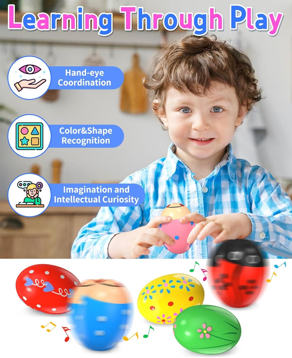 6 Pack Wooden Percussion Musical Shaker, Toddlers Stocking Stuffers, Baby Christmas Stocking Easter Basket Stuffers Egg Fillers Easter Gifts Montessori Toys for Kids Boys Girls 6 pcs - Image 8