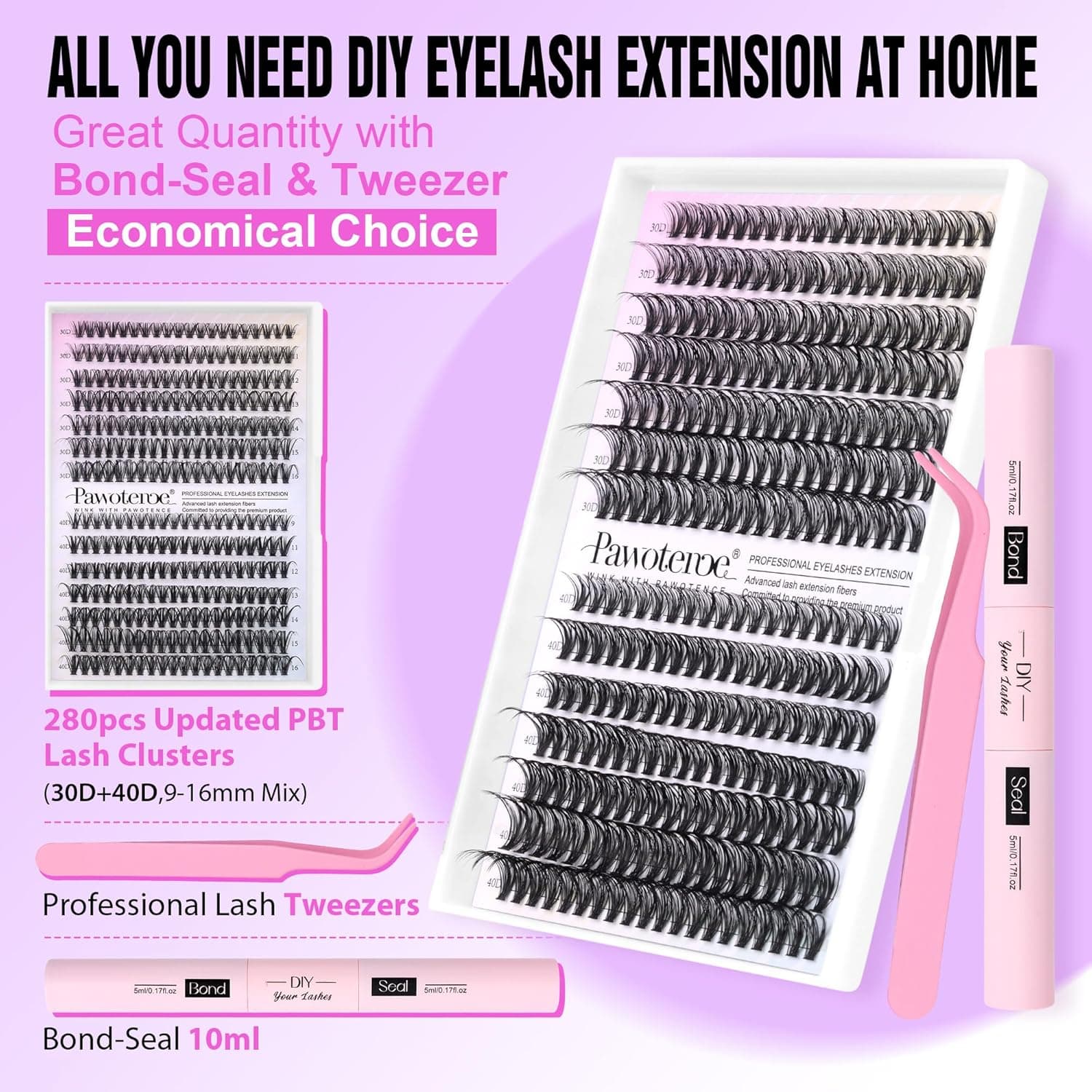 Pawotence Lash Extension Kit DIY 280pcs Lash Clusters Eyelash Extension Kit, 9-16mm 30D 40D Individual Lashes Kit with Lash Bond and Seal, Lash Tweezers for Self Use (30D&40D, 0.07D, 9-16mm, Kit) 30D&40D KIT - Image 3