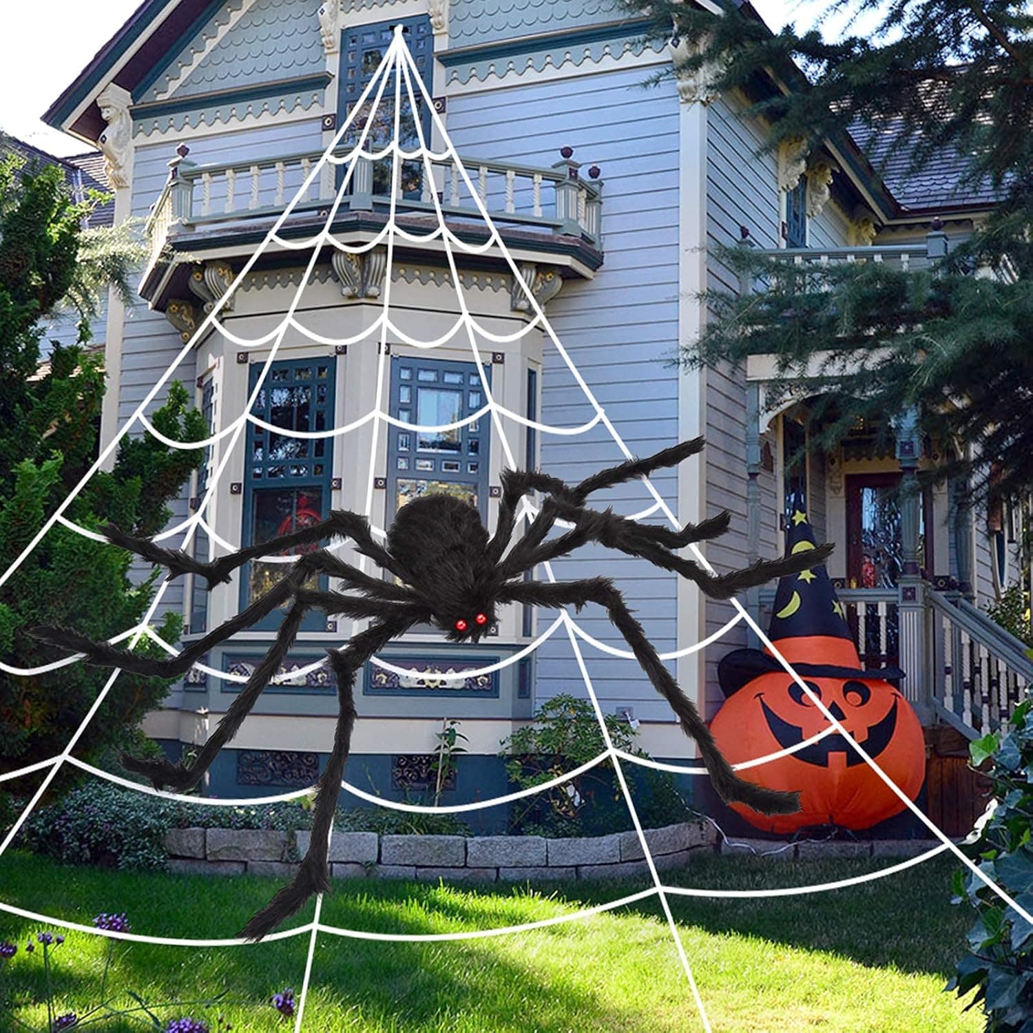 OCATO 200" Halloween Spider Web + 59" Giant Spider Decorations Fake Spiders with Triangular Huge Spiders Web for Indoor Outdoor Halloween Decorations Yard Home Costumes Parties Haunted House Décor 1-Original - Image 2