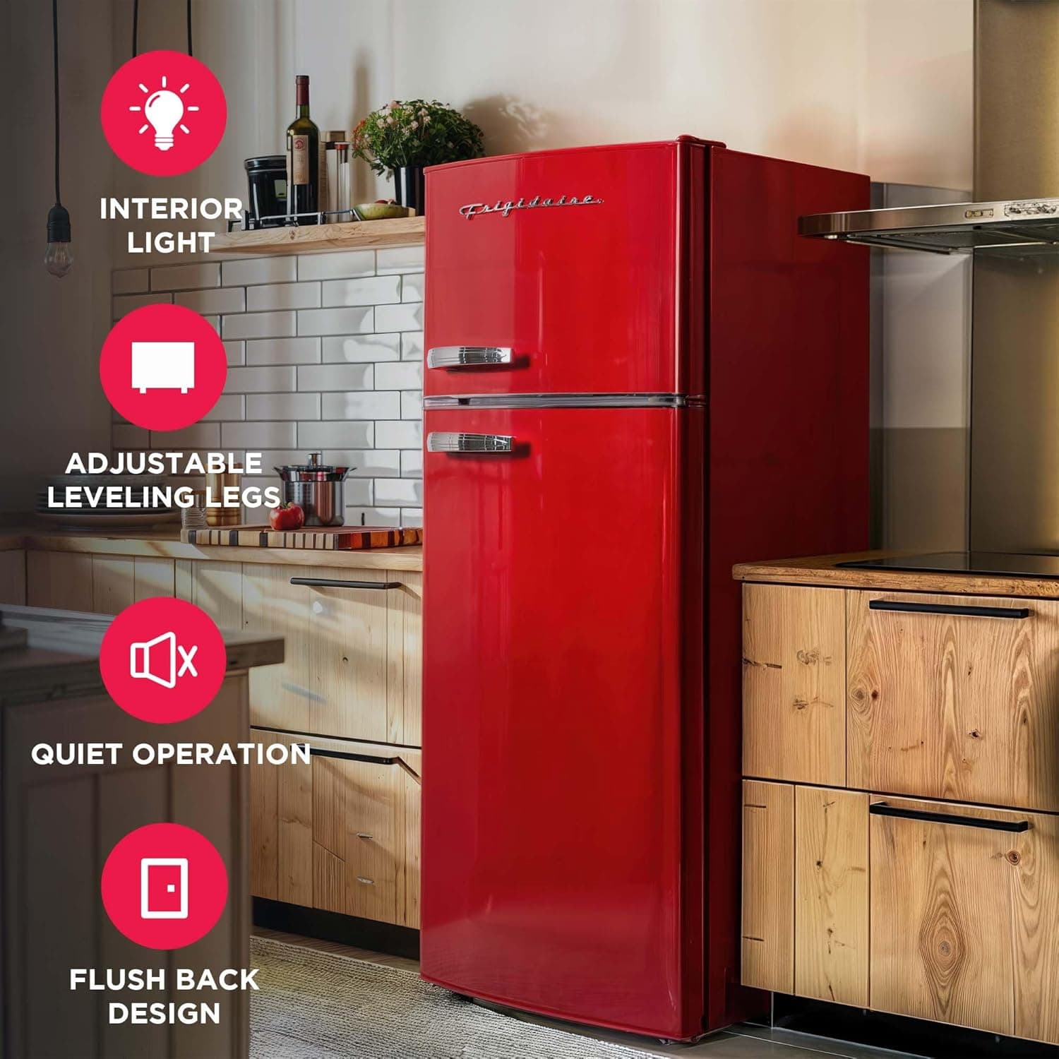 Frigidaire Retro Top Mount Upright Fridge-Freezer Combo, Apartment Size Fridge with Freezer 7.5 cu. ft. capacity - 23.2" D x 21.5" W x 55.5" H (Red) RED Double Door Fridge - Image 4