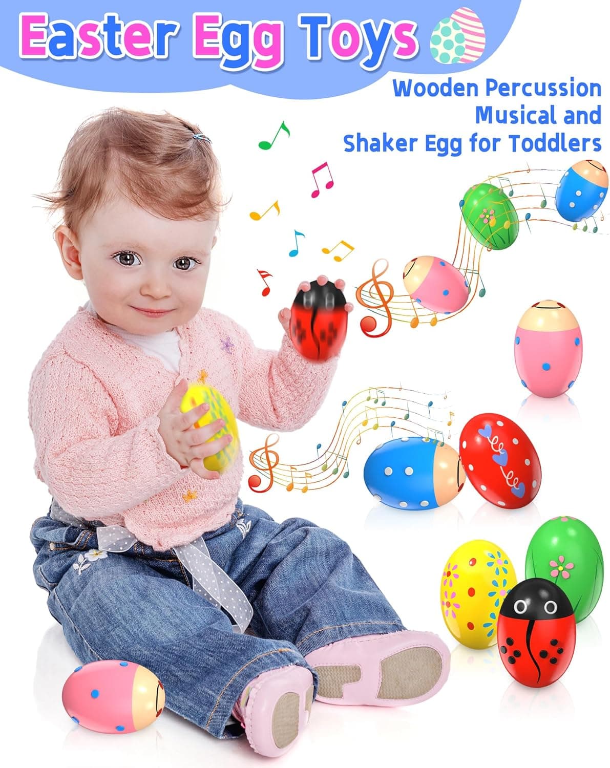 6 Pack Wooden Percussion Musical Shaker, Toddlers Stocking Stuffers, Baby Christmas Stocking Easter Basket Stuffers Egg Fillers Easter Gifts Montessori Toys for Kids Boys Girls 6 pcs - Image 3