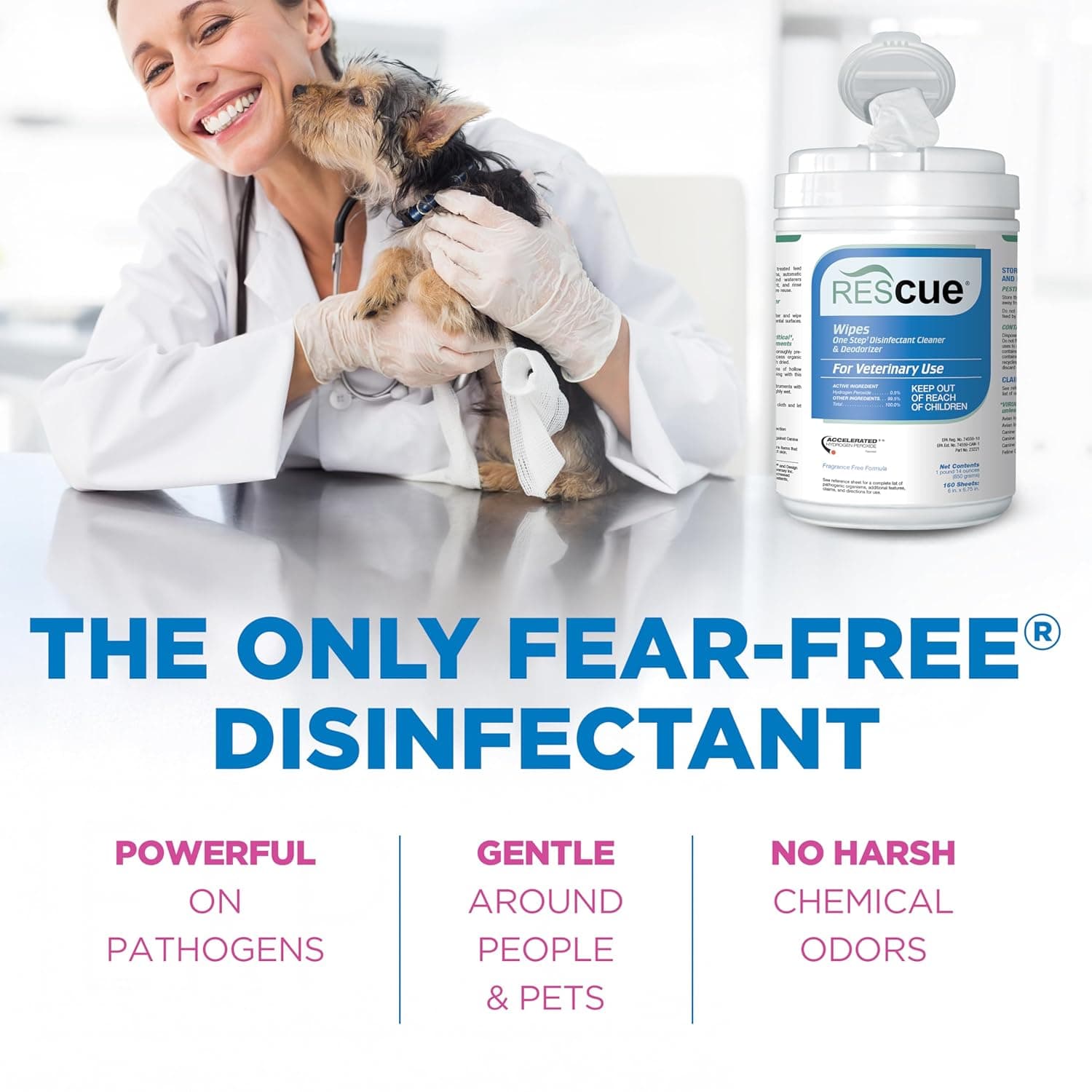 REScue One-Step Disinfectant Cleaner & Deodorizer Wipes for Vet Use – Cleaner for Kennels, Litter Boxes, Vet Offices, Pet Grooming Surfaces, Pet Items – Wipes Canister, 160-Count (Pack of 1) Canister (1 Pack) Wipes - Image 4