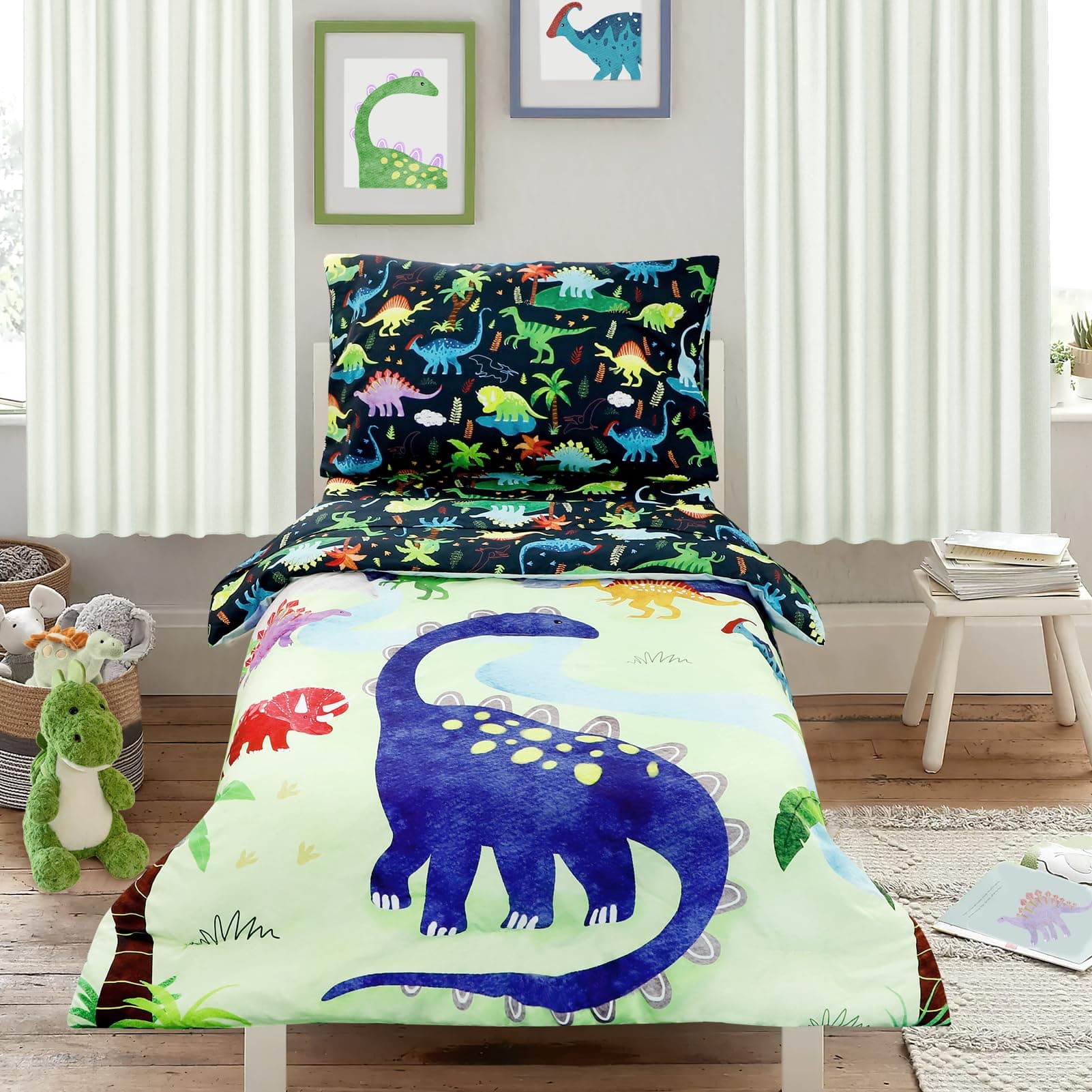4 Piece Toddler Bedding Set, Ultra Soft and Breathable Cartoon Dinosaur Toddler Comforter Sets for Boys Includes Quilted Comforter, Fitted Sheet, Flat Sheet and Pillowcase