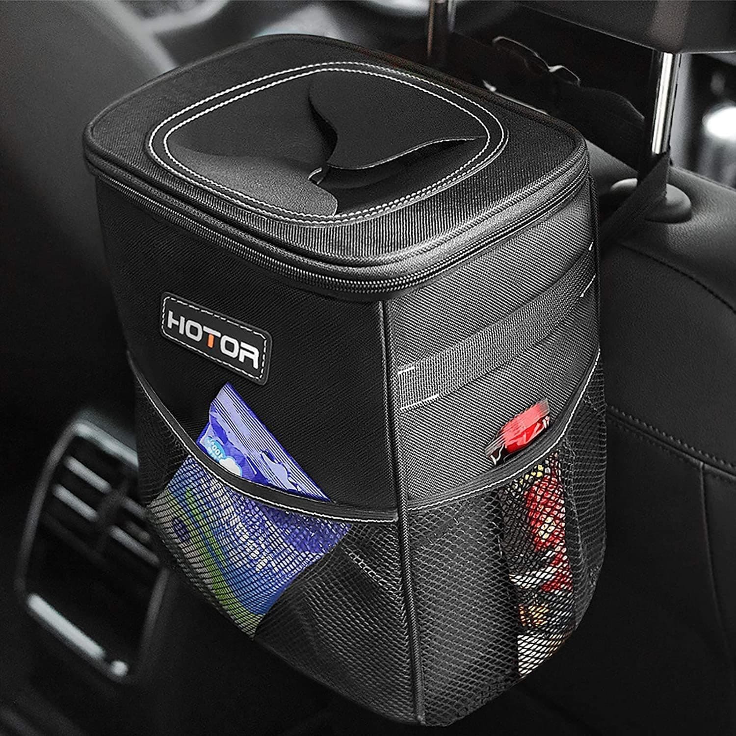 HOTOR Car Trash Can with Lid and Storage Pockets - 100% Leak-Proof Organizer, Waterproof Garbage Can, Multipurpose Trash Bin for Car, 2 Gallons, Black 2 Gallons Black