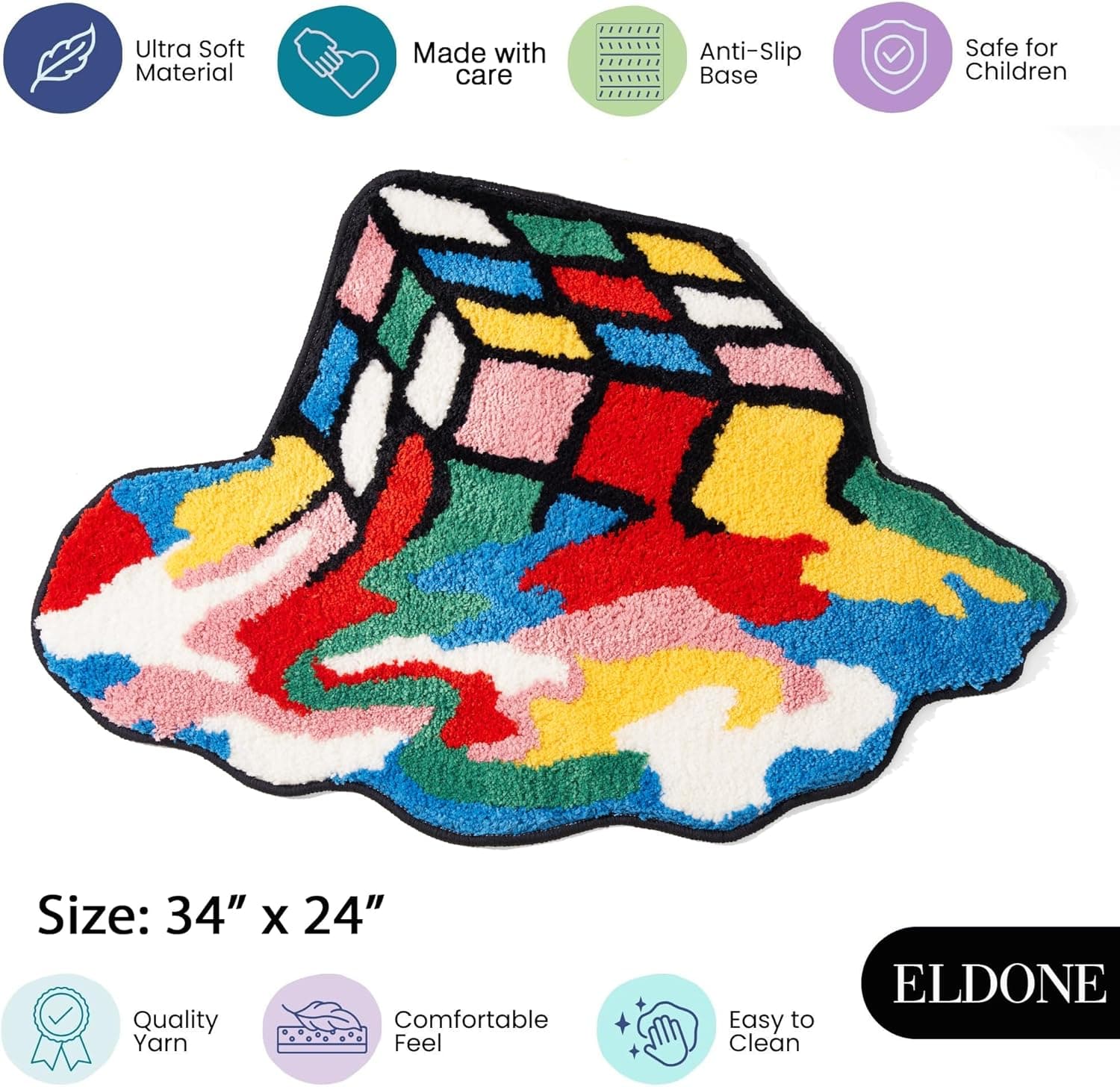 ELDONE Melted Magic Cube Rug, Funky Aesthetic Area Rugs 34 x 24 inch Non Slip Washable, Abstract Cute Unique Bathroom Bedroom Small Rugs, Funny Colorful Cool Rugs - Image 5