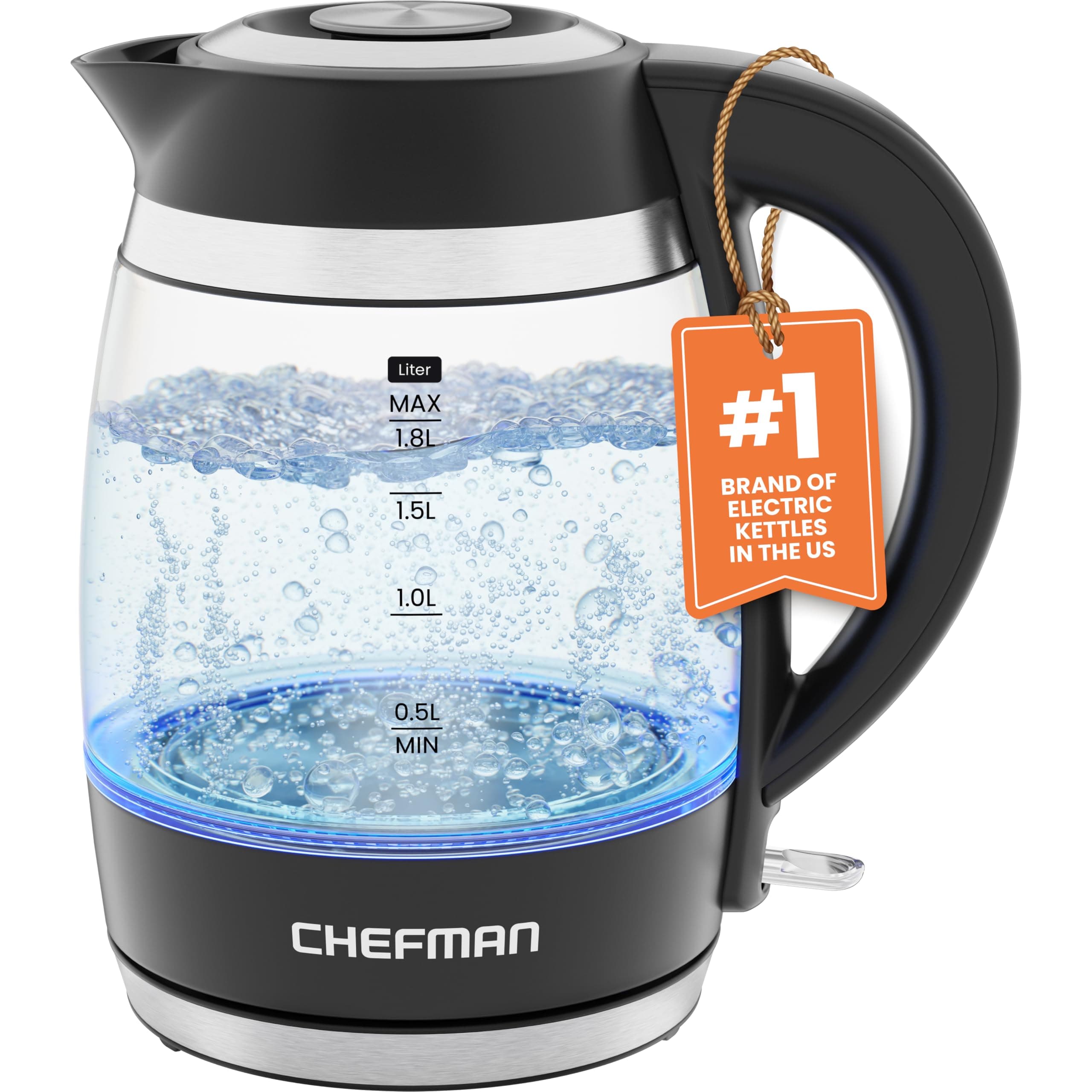 Hervidor Eléctrico Chefman, 1.8L 1500W, Calentador de Agua, Tapa Removible para Fácil Limpieza, Apagado Automático, Protección contra Hervido en Seco, Filtro de Acero Inoxidable, Libre de BPA, Hervidor de Té Eléctrico de Vidrio Borosilicatado Negro