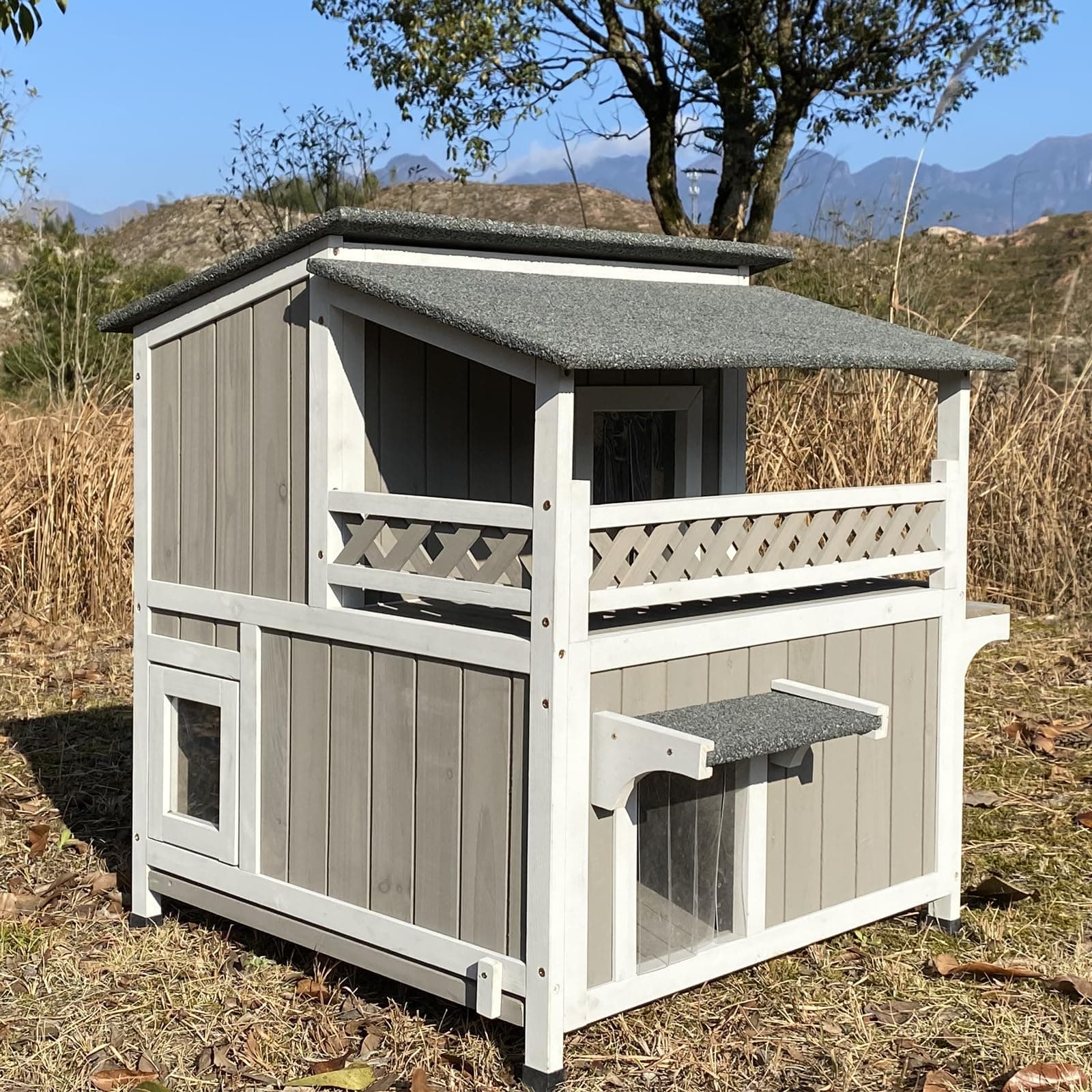 Feral Cat Shelter Outdoor Weatherproof Houses for Cats Two Story Wooden Cat House Outside Feral Cat House with Balcony Waterproof, Escape Doors Greywhite