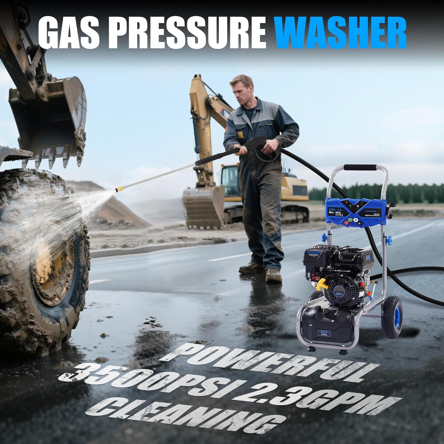 3500 PSI Gas Pressure Washer, 209CC Engine, 2.3 GPM, 4 Adjustable Nozzles, 25ft Hose for Cleaning Cars, Patios, Walls, and Gardens (Blue) - Image 3