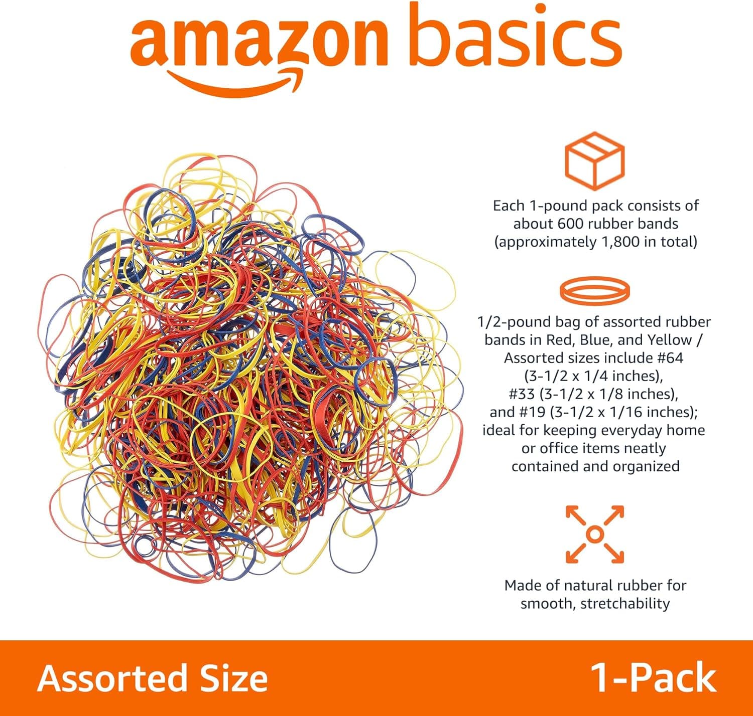 Amazon Basics Assorted Size and Color Rubber Bands, 0.5 lb. Size Assorted 0.5 Pound Pack - Image 2
