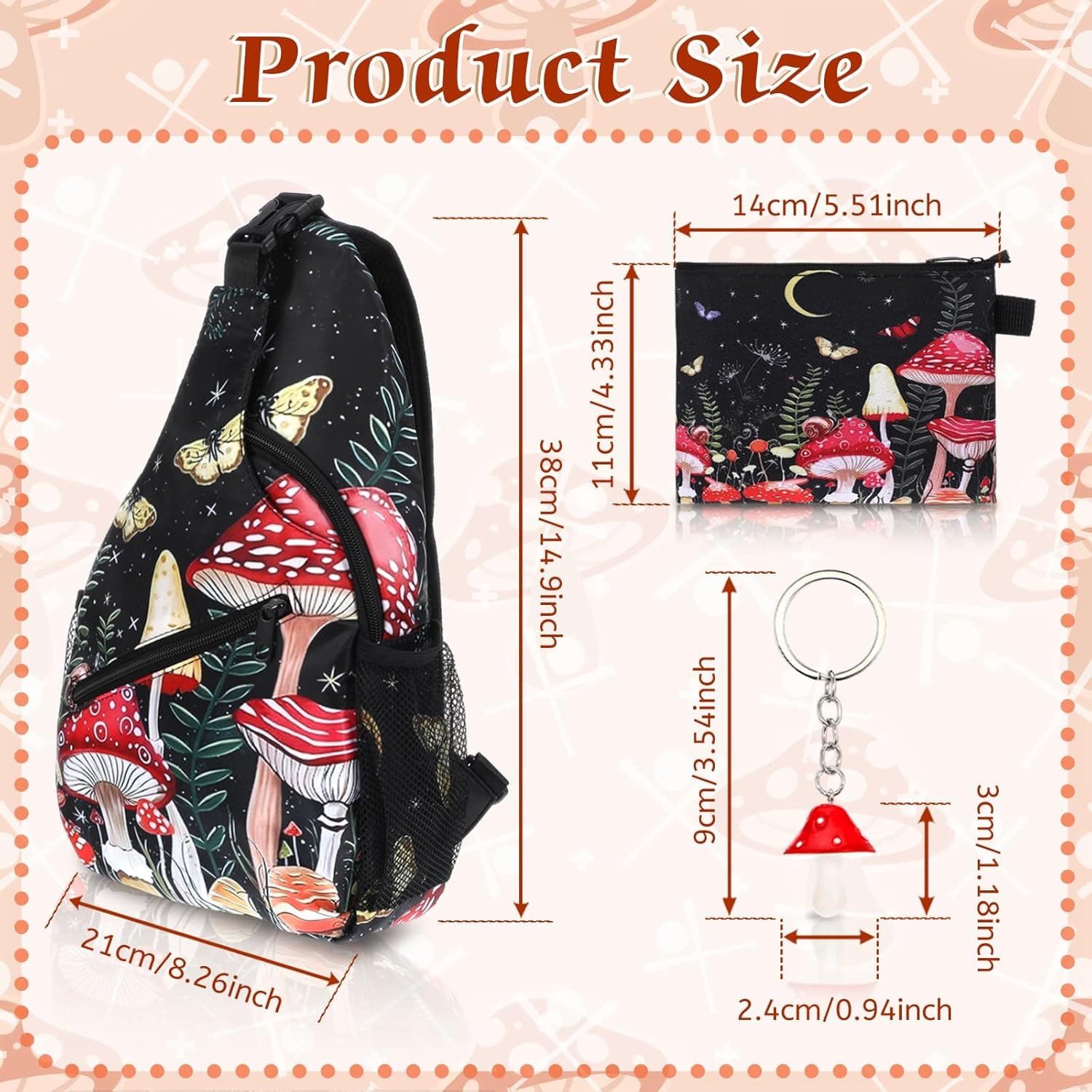 cobee 3 Pcs Mushroom Sling Backpack Set, Adjustable Crossbody Shoulder Bag Multi-pocket Chest Bag with Mushroom Purse Keychain for Men Women, Travel, Hiking, Casual Sport, Climbing, Runners - Image 7