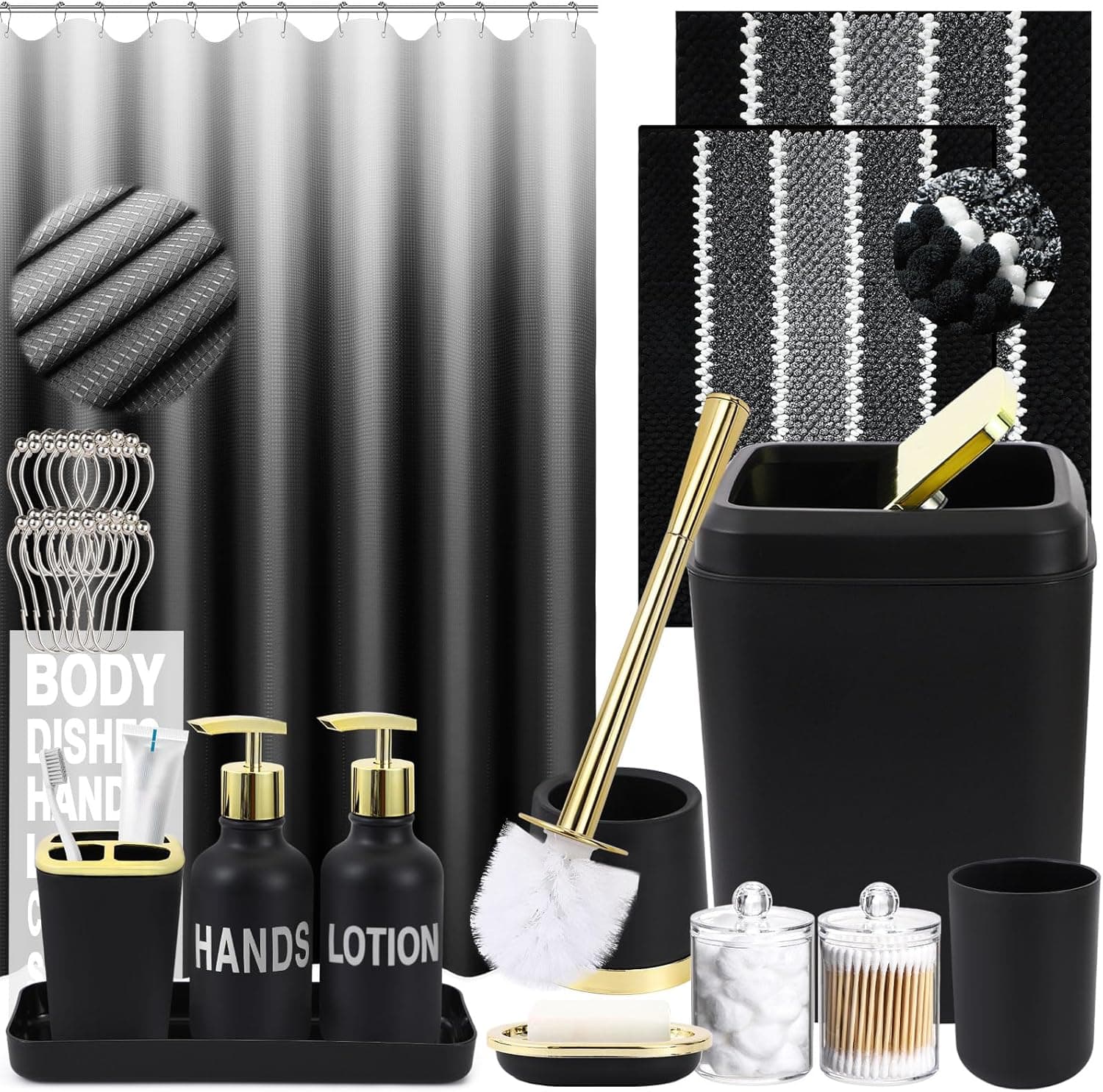 25PCS Black Bathroom Accessories Sets Complete, with Shower Curtain, Rugs, Trash Can and Toilet Brush, Soap Dispenser, Toothbrush Holder and Cup, Soap Dish, Qtip Holder, Bathroom Decor Sets Black Bathroom Set Complete-Gold - Image 2