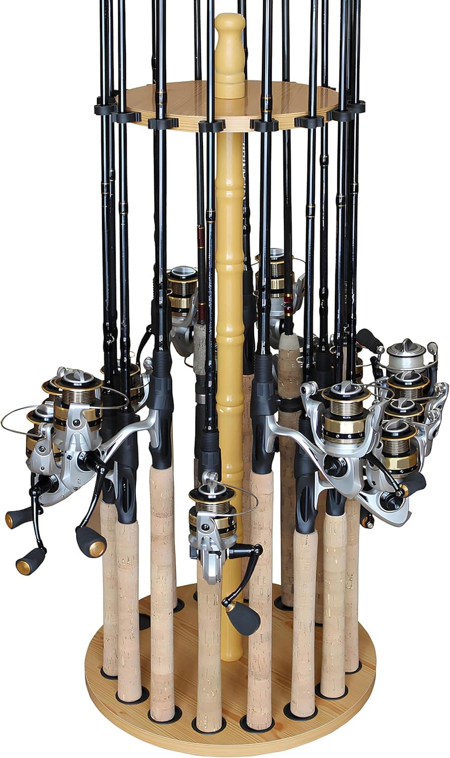 Rush Creek Creations Round 16 Fishing Rod Storage Rack - Features Traditional Handcrafted Wood Post - No Tool Assembly, Wood Grain Laminate Light Wood Grain 16-Rod - Image 2