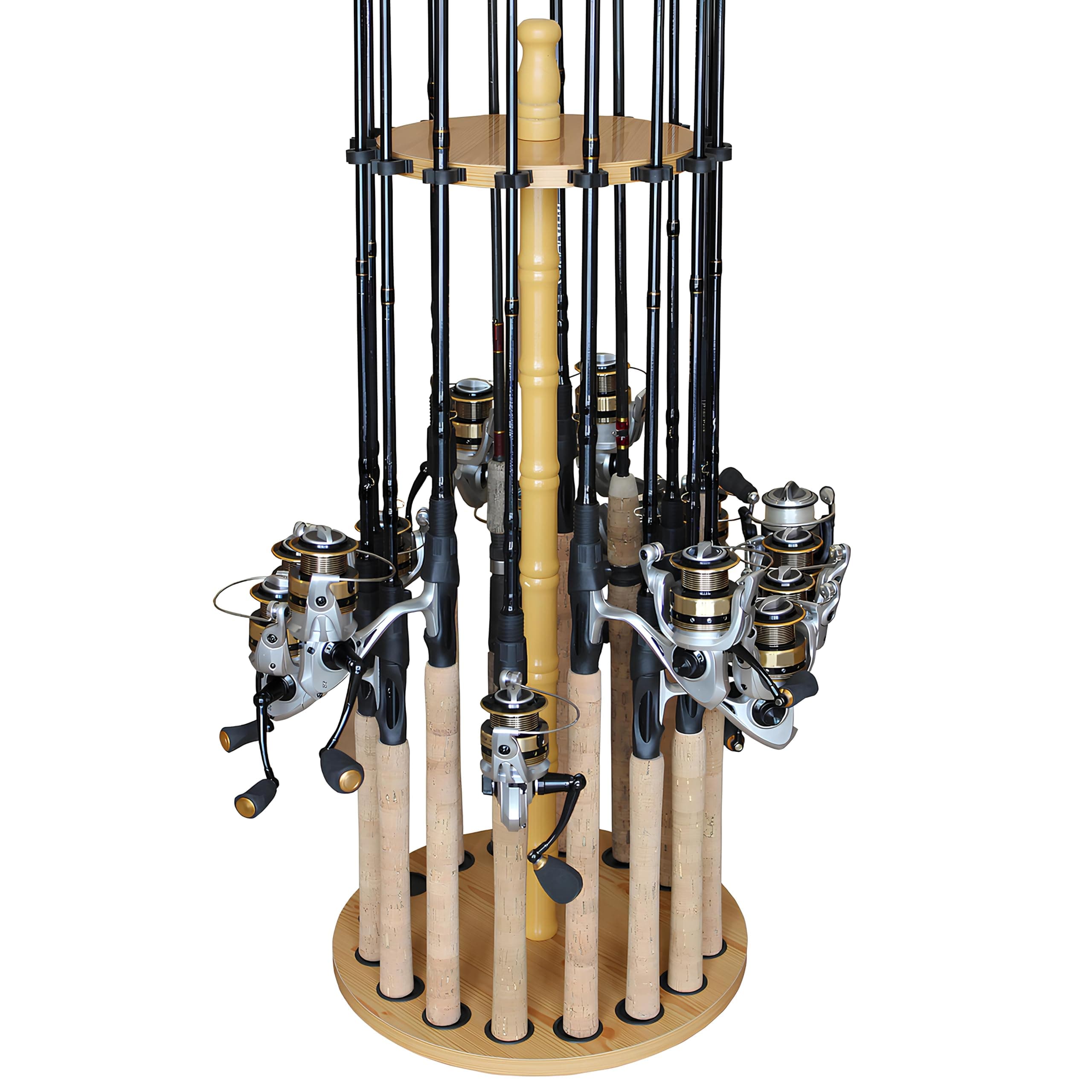 Rush Creek Creations Round 16 Fishing Rod Storage Rack - Features Traditional Handcrafted Wood Post - No Tool Assembly, Wood Grain Laminate Light Wood Grain 16-Rod