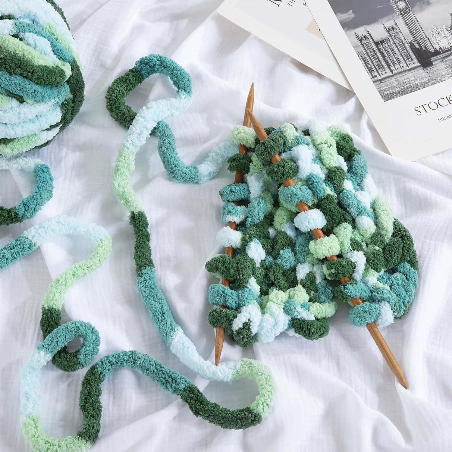 HOMBYS 8 Pack Giant Chunky Yarn for Crocheting,Super Bulky Large Soft Fluffy Yarn,Tie Dye Plush Fuzzy Yarn,Mixed Color Thick Chenille Yarn for Hand Knitting/Arm Knitting (Mint, Teal, Green) Mint,Teal,Green 8 Pack - Image 8