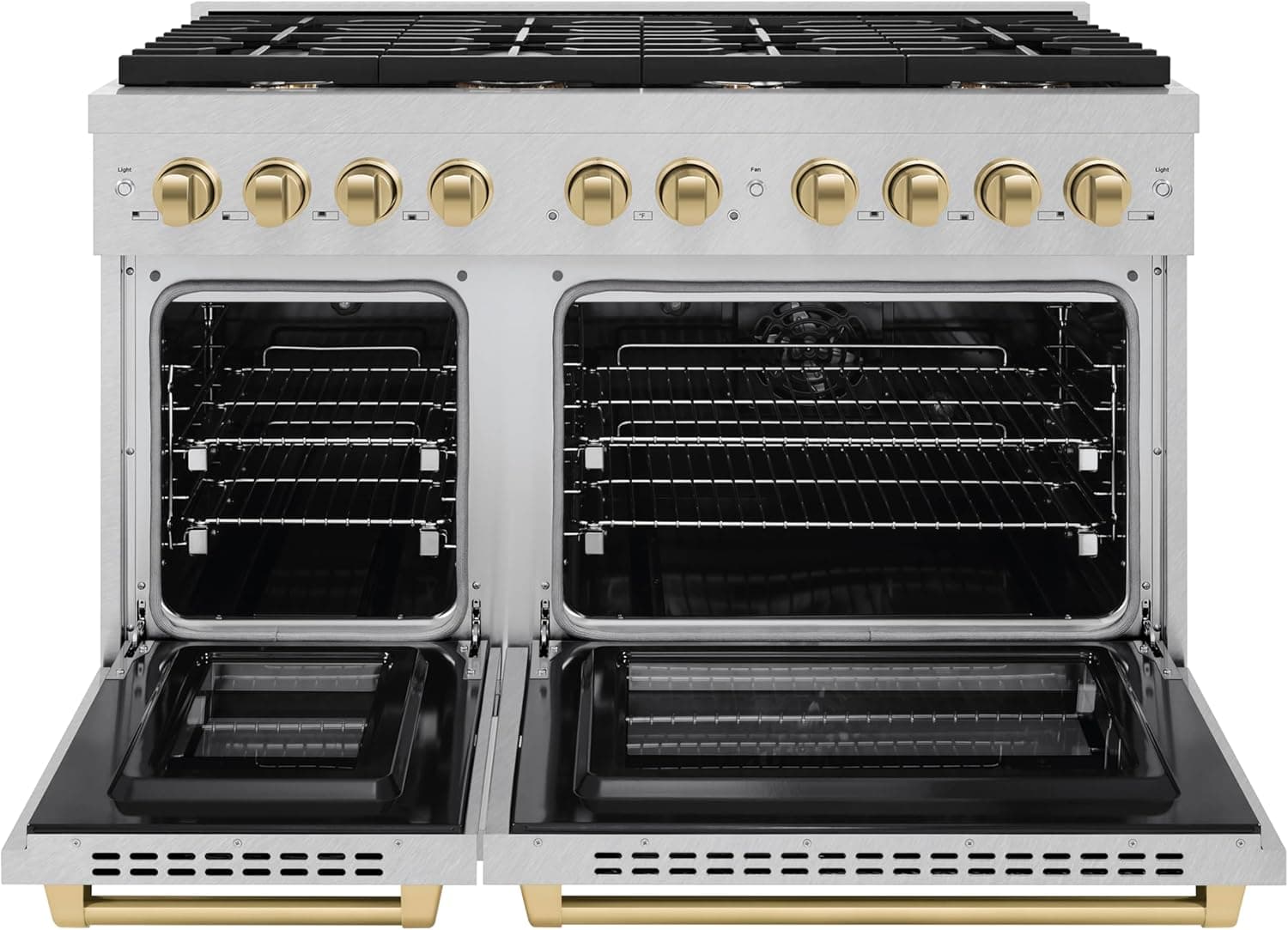 ZLINE Autograph Edition 48 in. 6.7 cu. ft. Paramount Double Oven Dual Fuel Range with 8 Burner Gas Cooktop in Satin Stainless Steel and Champagne Bronze Accents (SDRSZ-48-CB) - Image 2