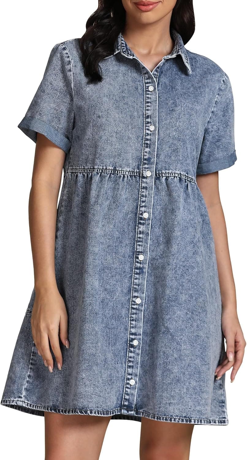 GRAPENT Flowy Summer Dresses para sa Kababaihan 2025 Blue Denim Shirt Dress Short Sleeve Dresses para sa Kababaihan Kulay Bay Blue Baggy Oversized Jean Dress para sa Spring & Summer Medium Size 8 Size 10 - Image 2